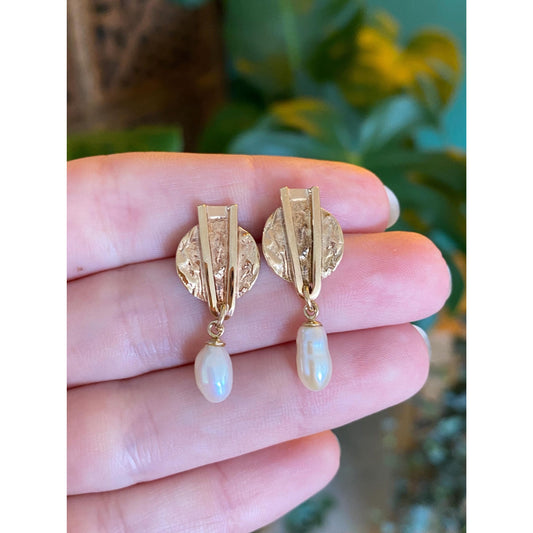 Vintage Solid 14k Rosey Gold Pearl Abstract Dangle Stud Earrings