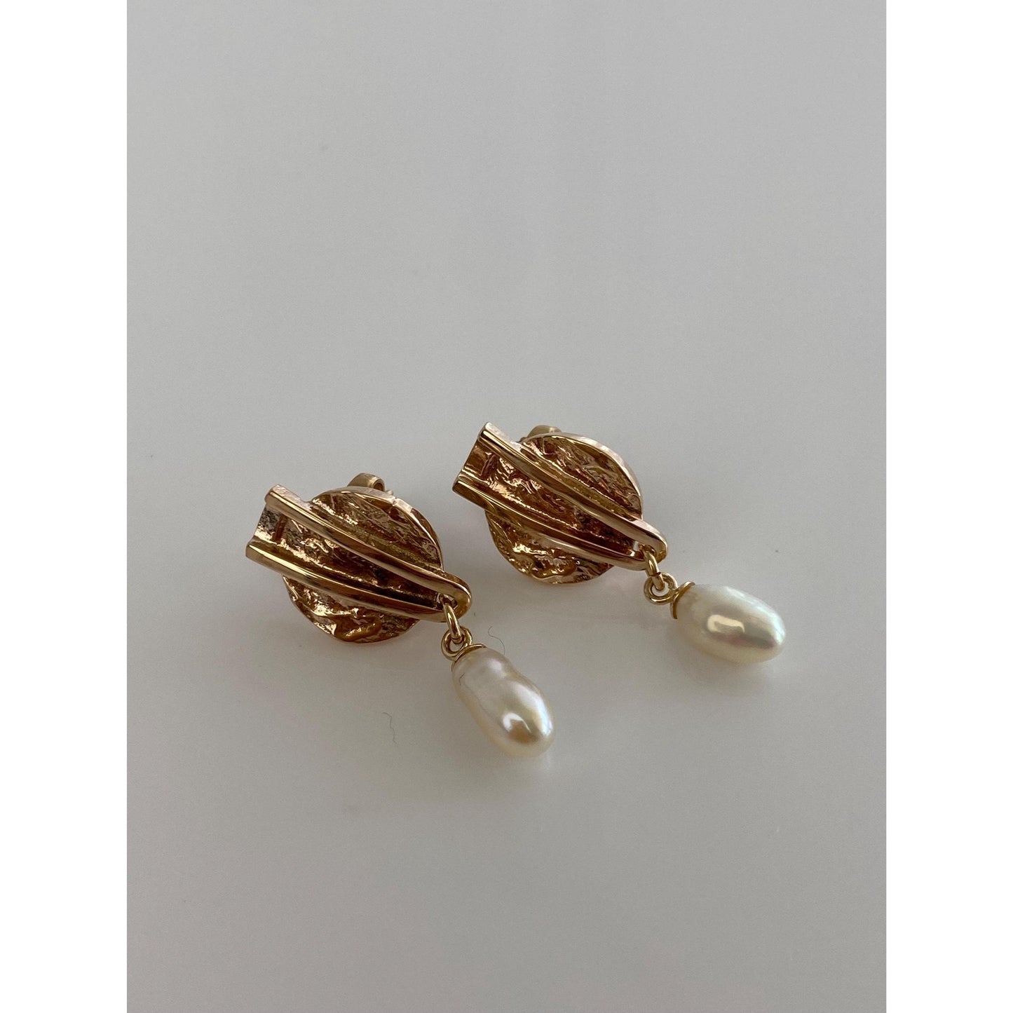 Vintage Solid 14k Rosey Gold Pearl Abstract Dangle Stud Earrings