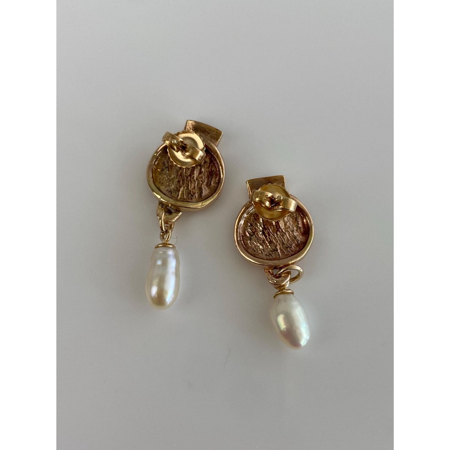 Vintage Solid 14k Rosey Gold Pearl Abstract Dangle Stud Earrings