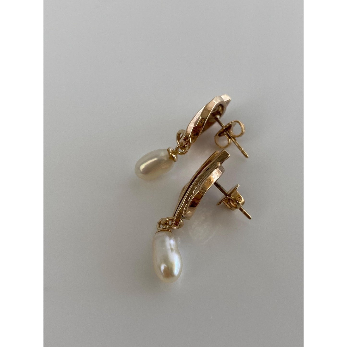 Vintage Solid 14k Rosey Gold Pearl Abstract Dangle Stud Earrings