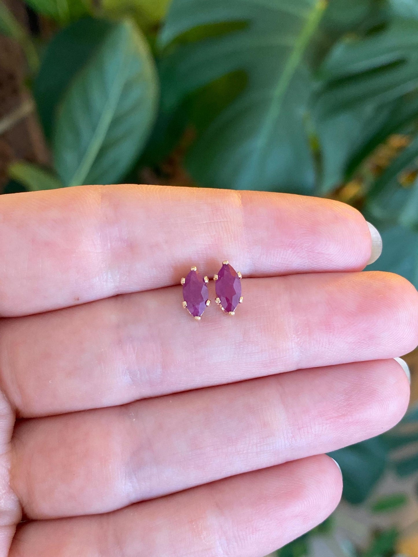 Vintage Solid 14k Yellow Gold Rose Cut Marquis Ruby Stud Earrings