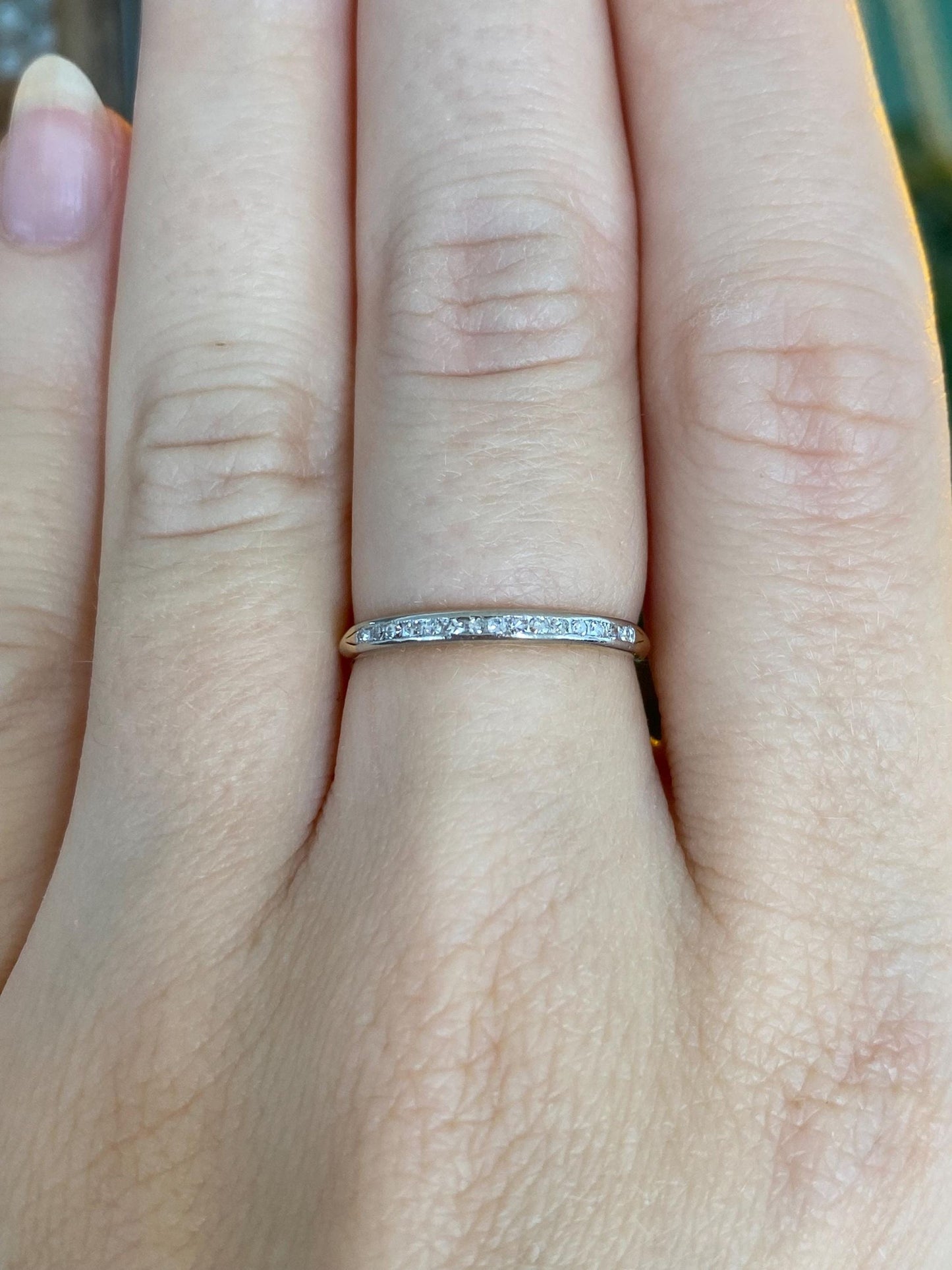 Vintage Solid 14k White & Yellow Gold Diamond Slim Ring Band - Size 6.25