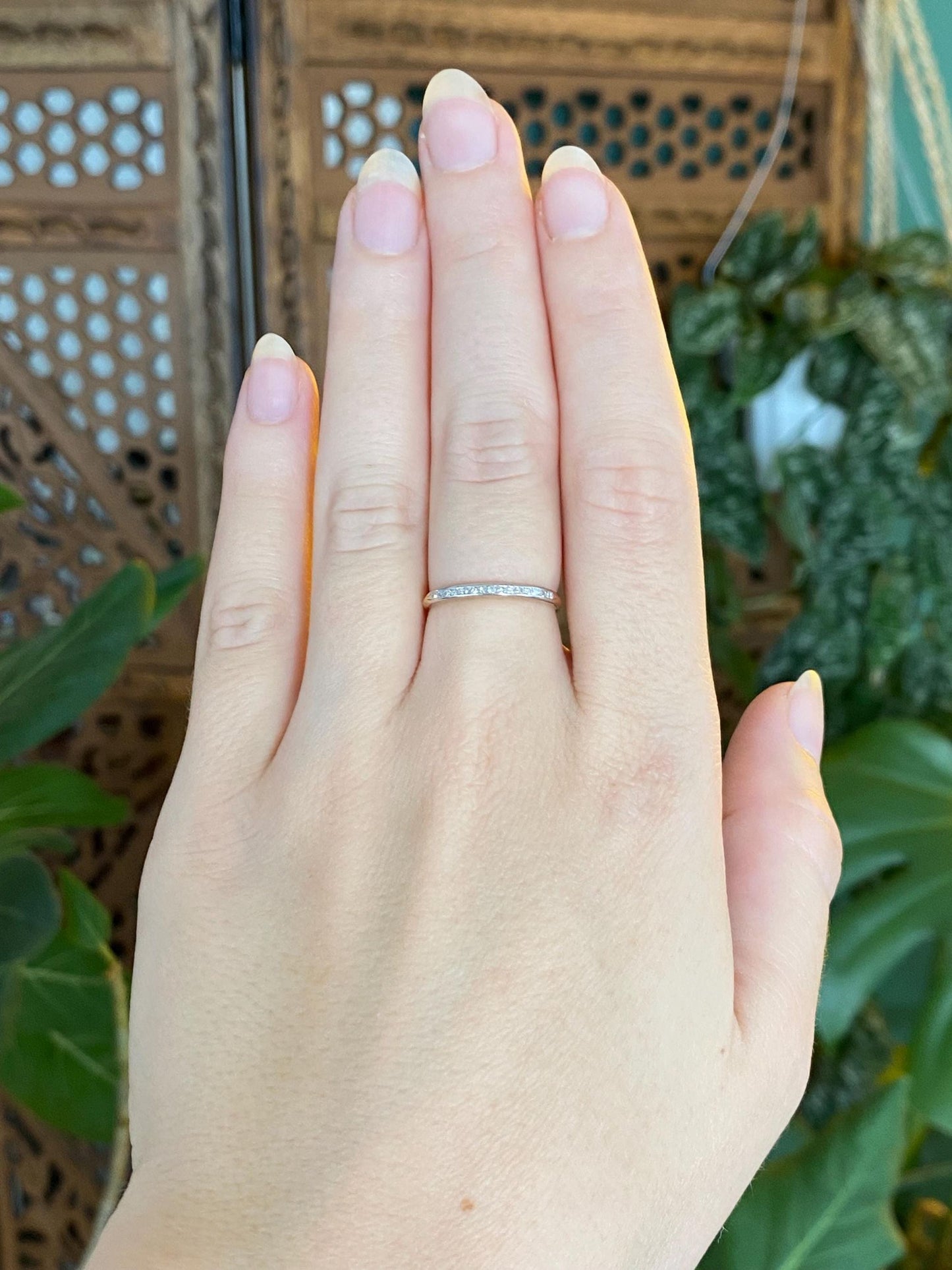 Vintage Solid 14k White & Yellow Gold Diamond Slim Ring Band - Size 6.25