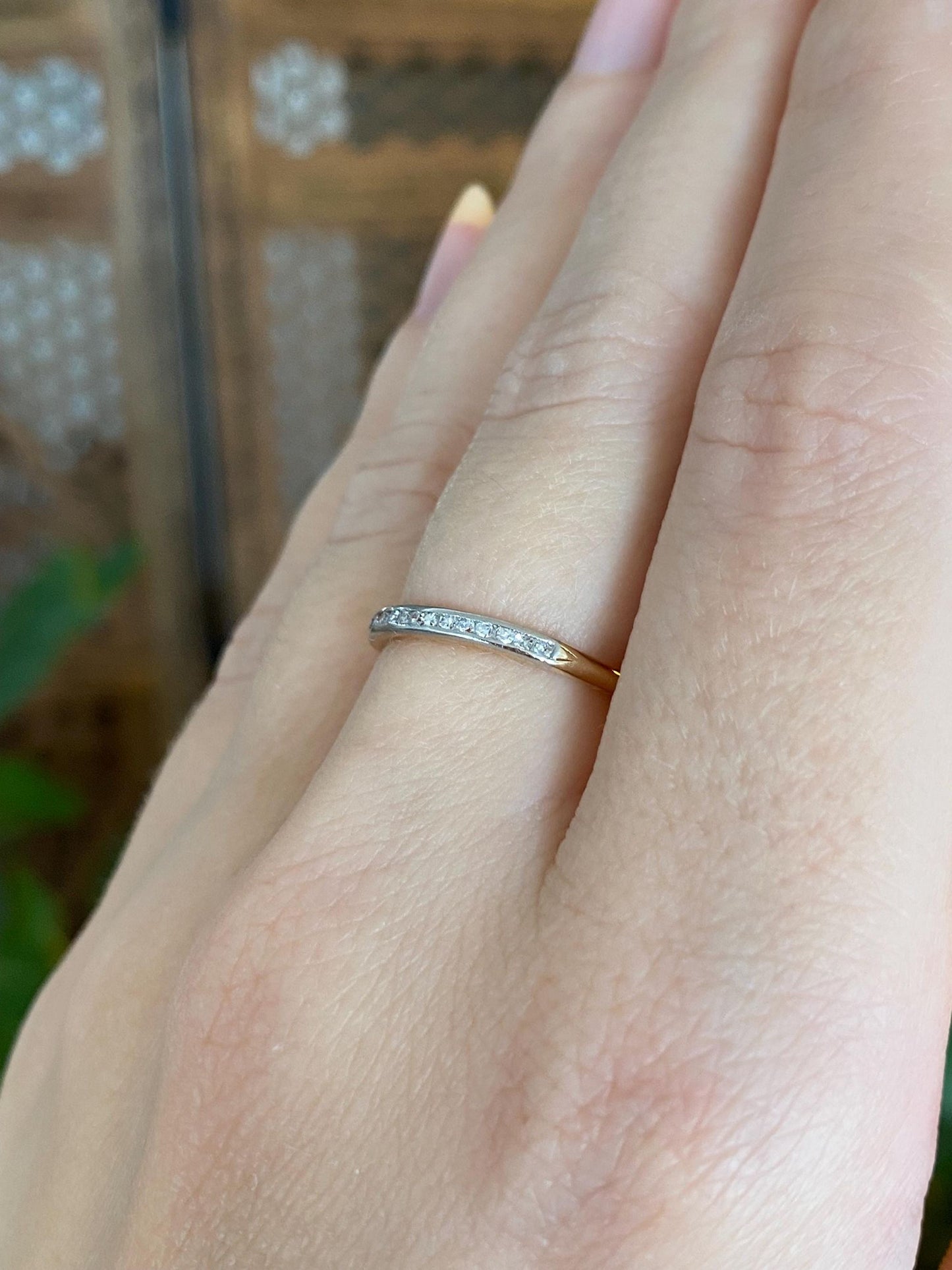 Vintage Solid 14k White & Yellow Gold Diamond Slim Ring Band - Size 6.25