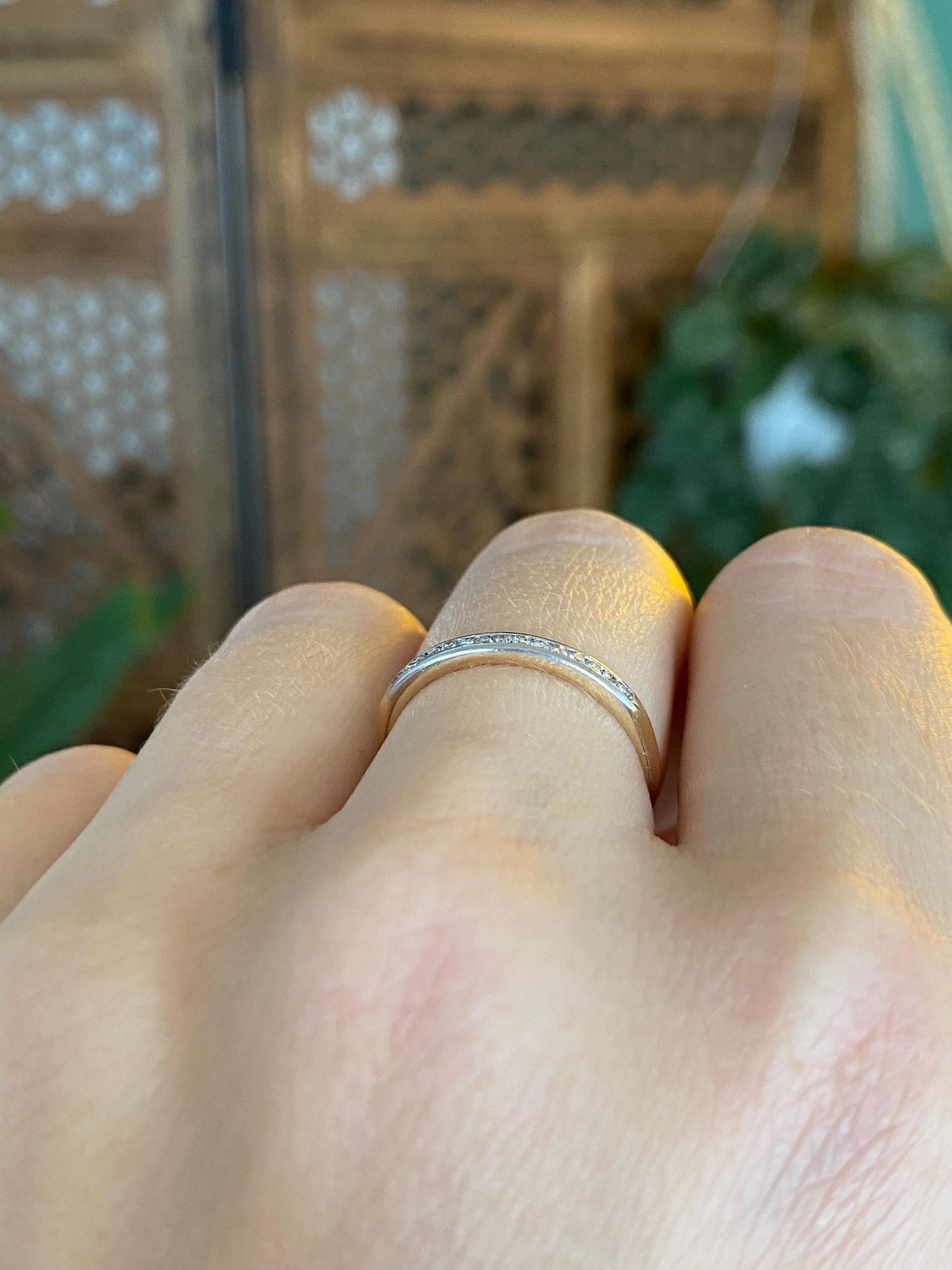 Vintage Solid 14k White & Yellow Gold Diamond Slim Ring Band - Size 6.25