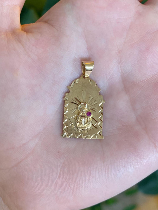 Vintage Solid 14k Yellow Gold Pink Spinel Diamond Cut Religious Charm