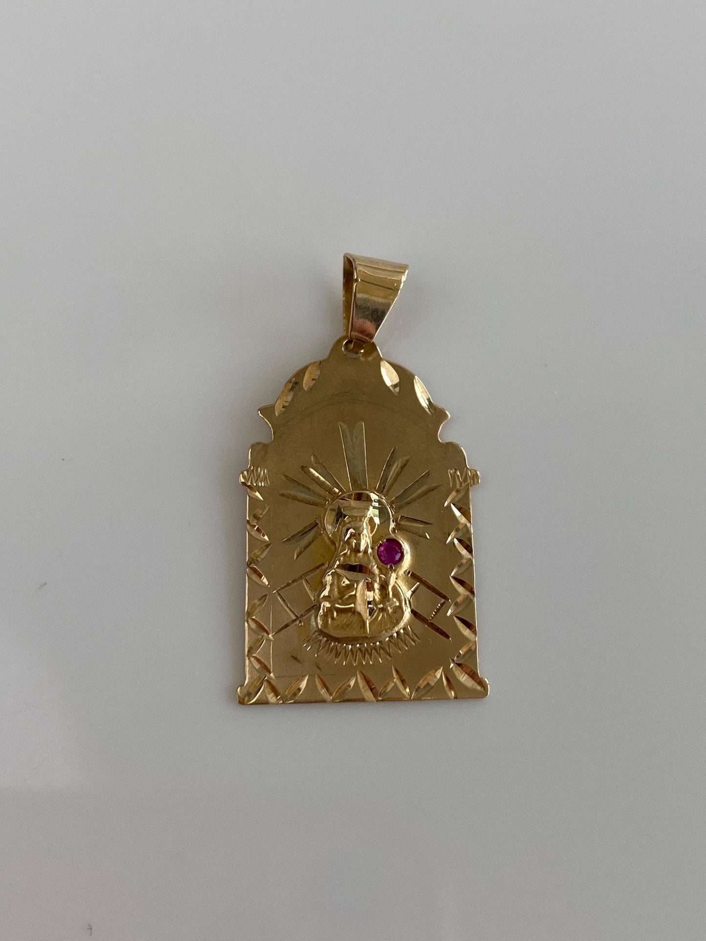 Vintage Solid 14k Yellow Gold Pink Spinel Diamond Cut Religious Charm