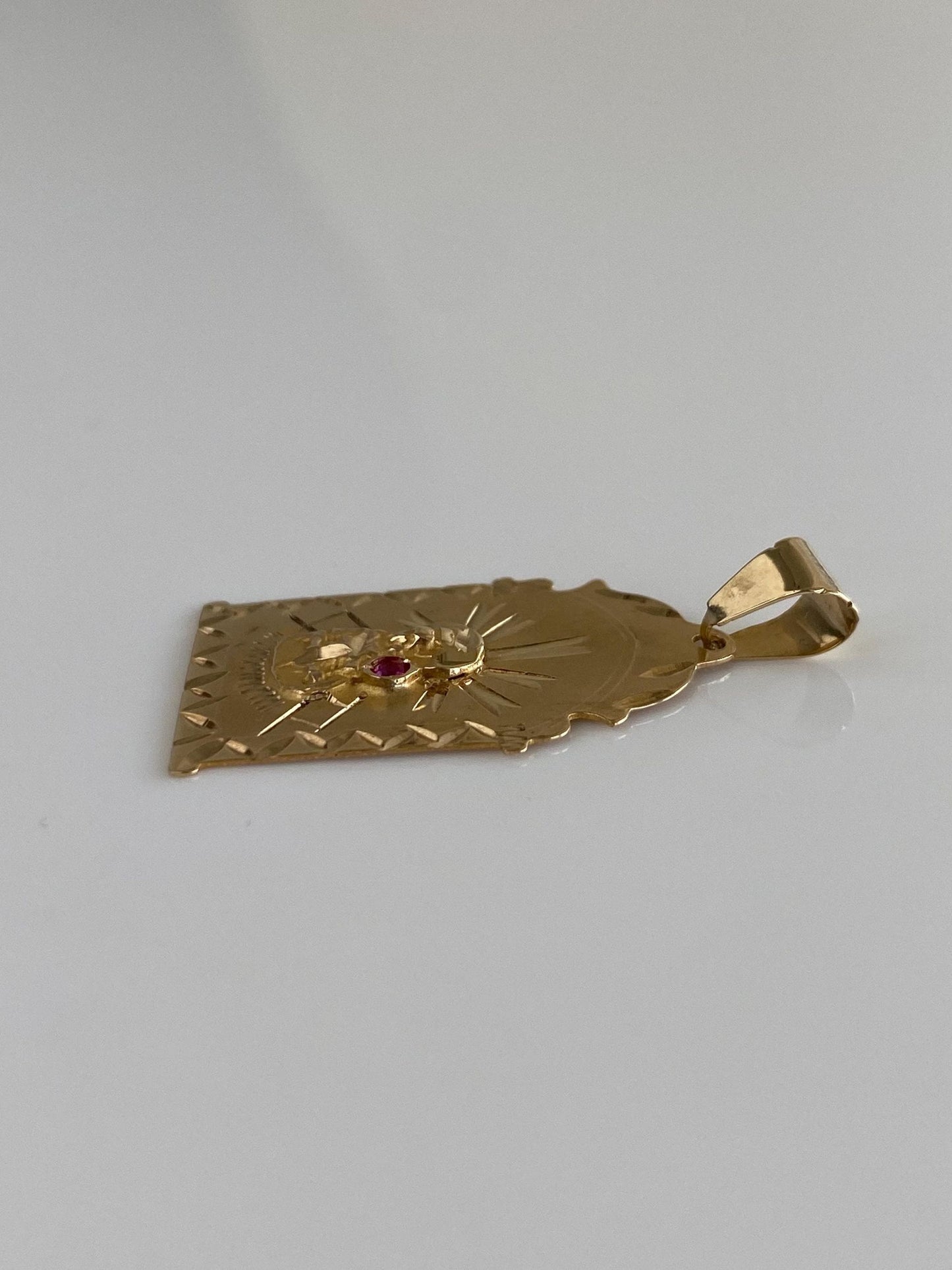 Vintage Solid 14k Yellow Gold Pink Spinel Diamond Cut Religious Charm