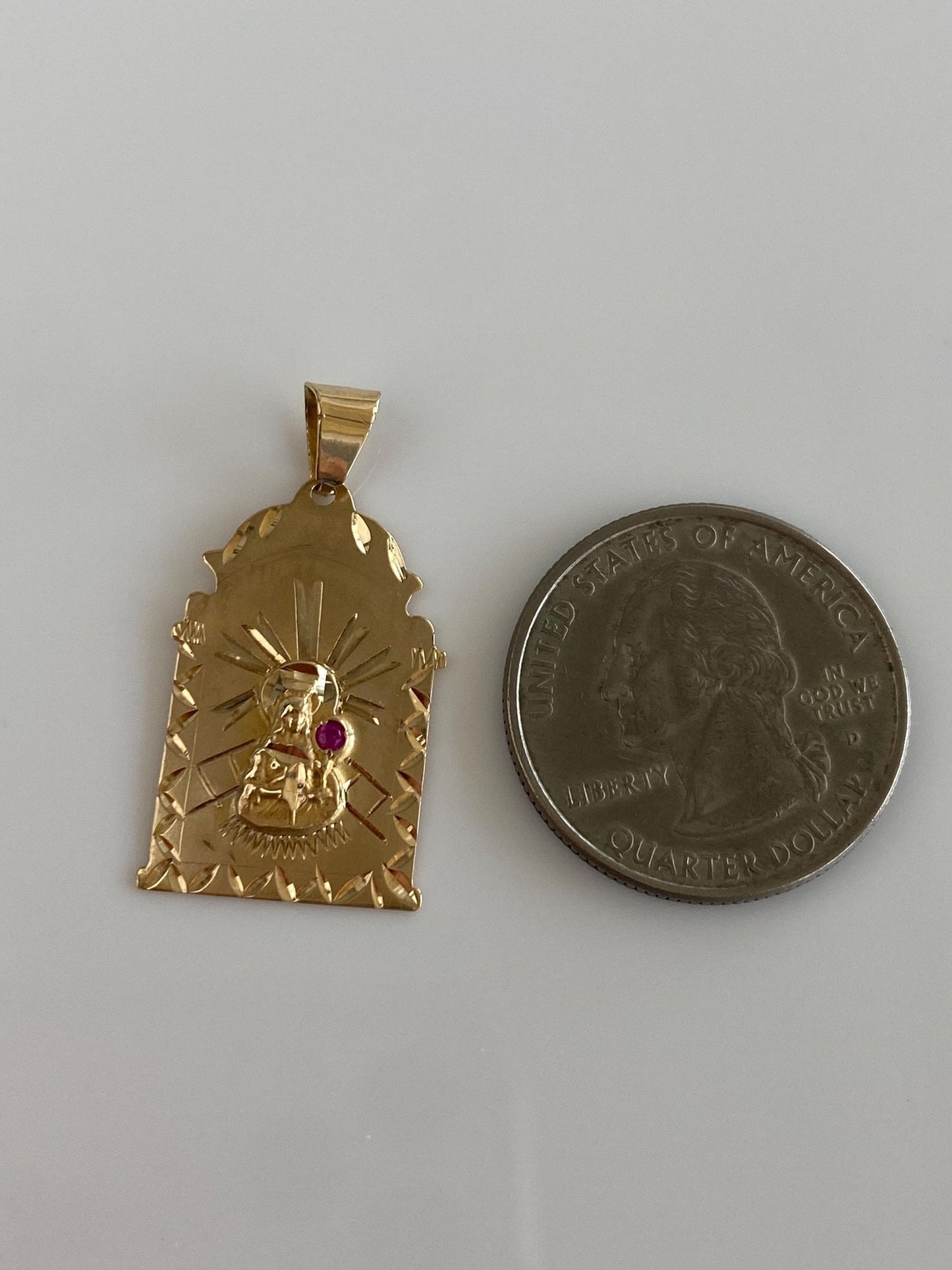 Vintage Solid 14k Yellow Gold Pink Spinel Diamond Cut Religious Charm