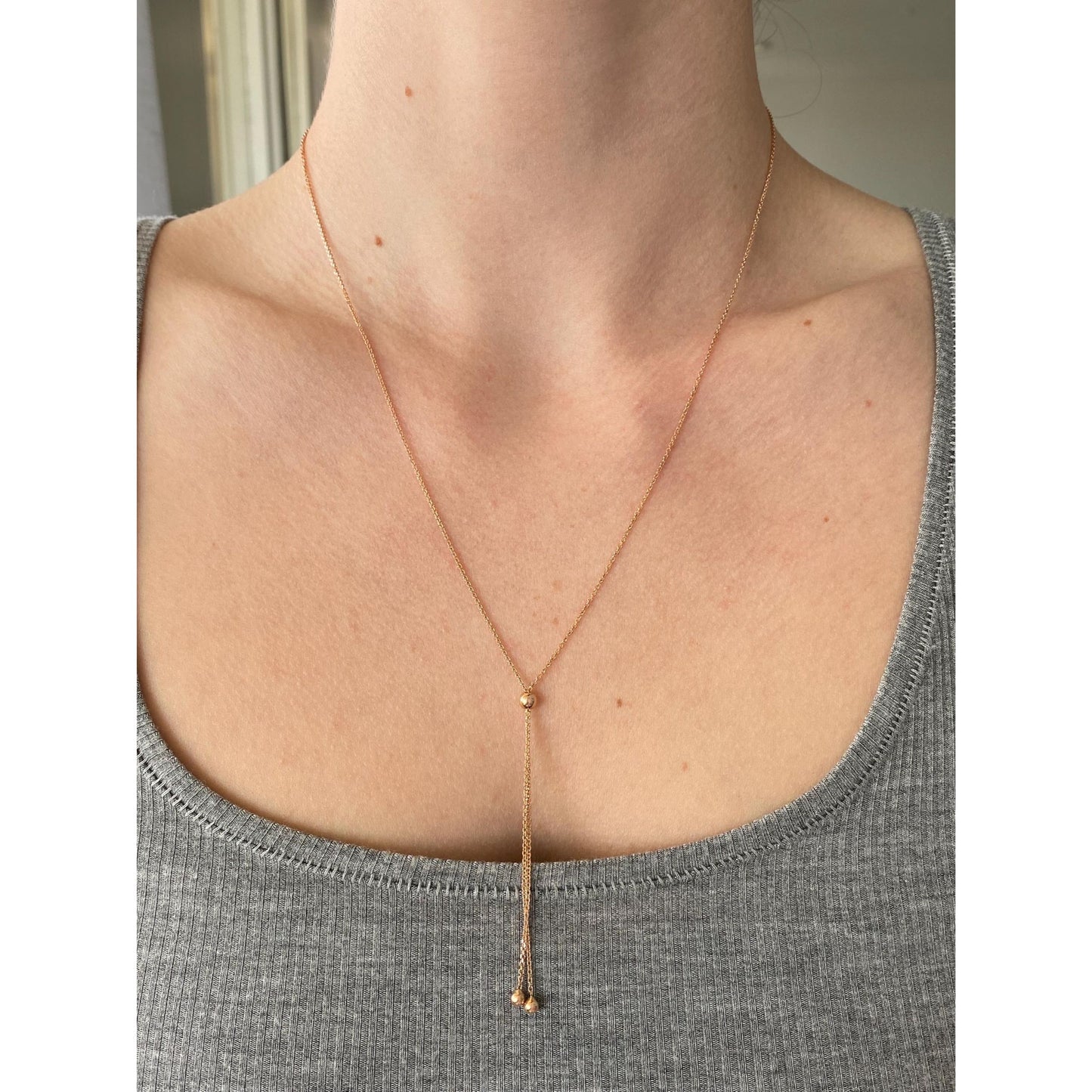 Vintage Solid 14k Rose Gold Tight Rolo Chain Adjustable Lariat Necklace - 19.5 inches