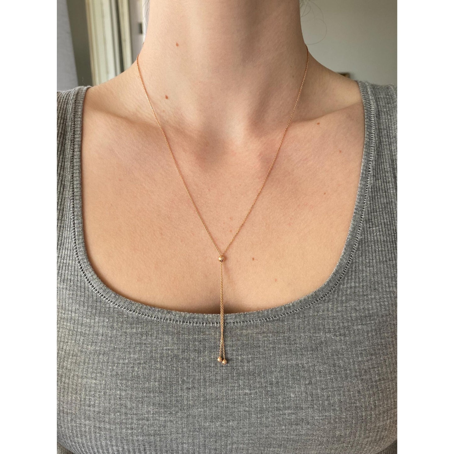 Vintage Solid 14k Rose Gold Tight Rolo Chain Adjustable Lariat Necklace - 19.5 inches