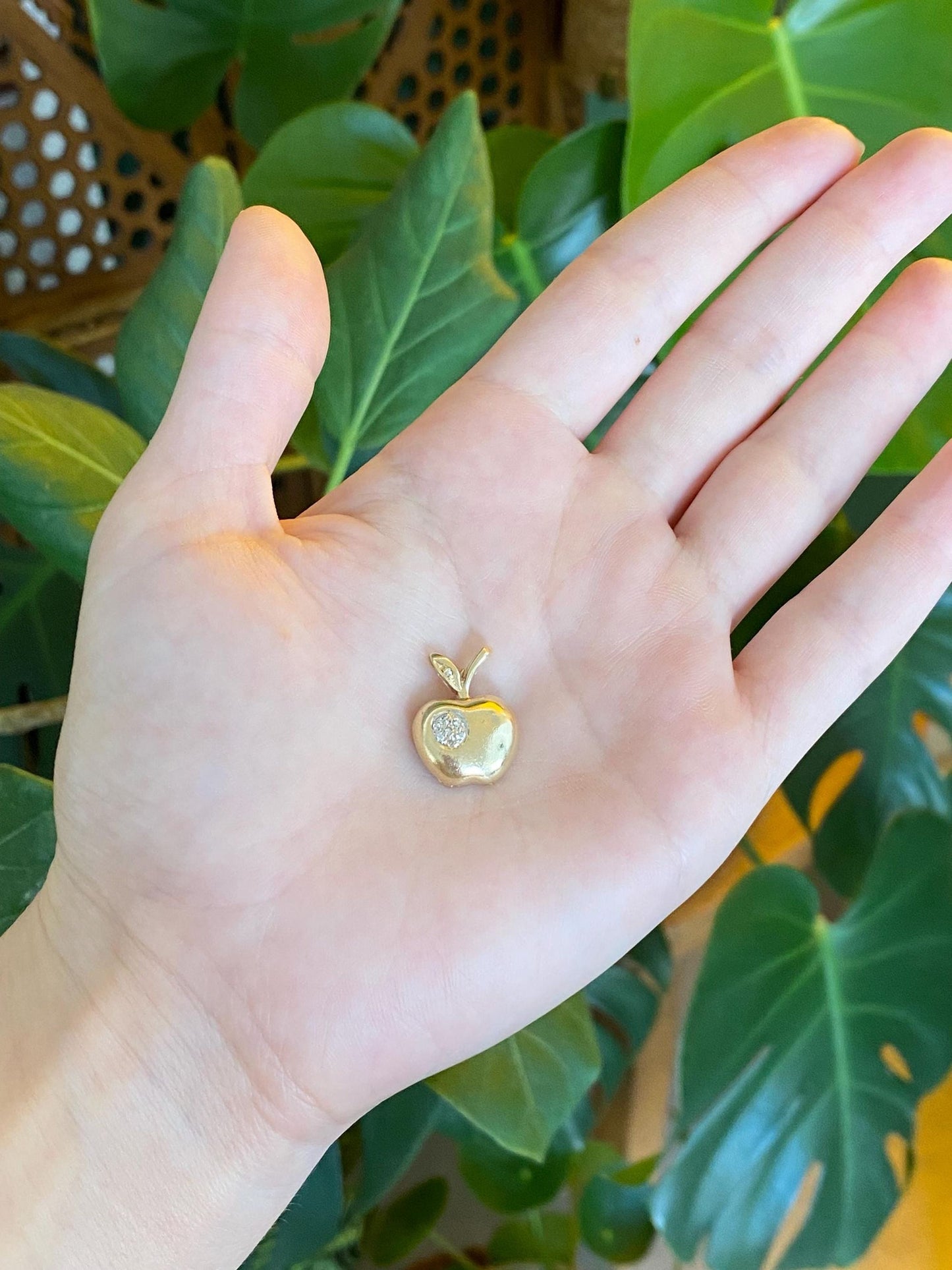 Solid 14k Yellow Gold Diamond Cluster Apple Slide Charm