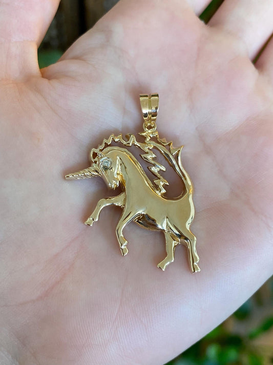 Vintage Solid 14k Yellow Gold Diamond Eye Unicorn Charm