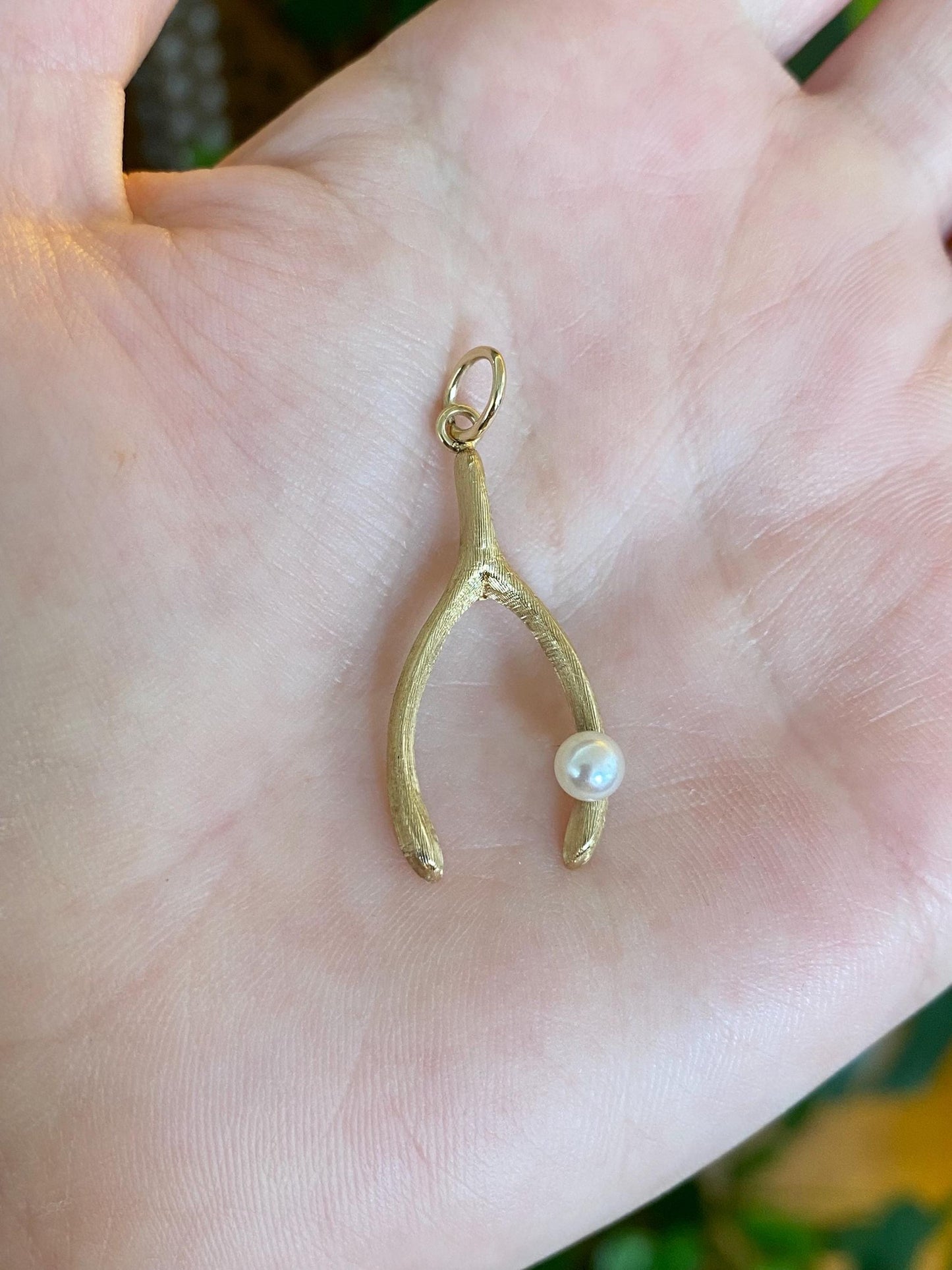 Vintage Solid 14k Yellow Gold Pearl Wishbone Charm