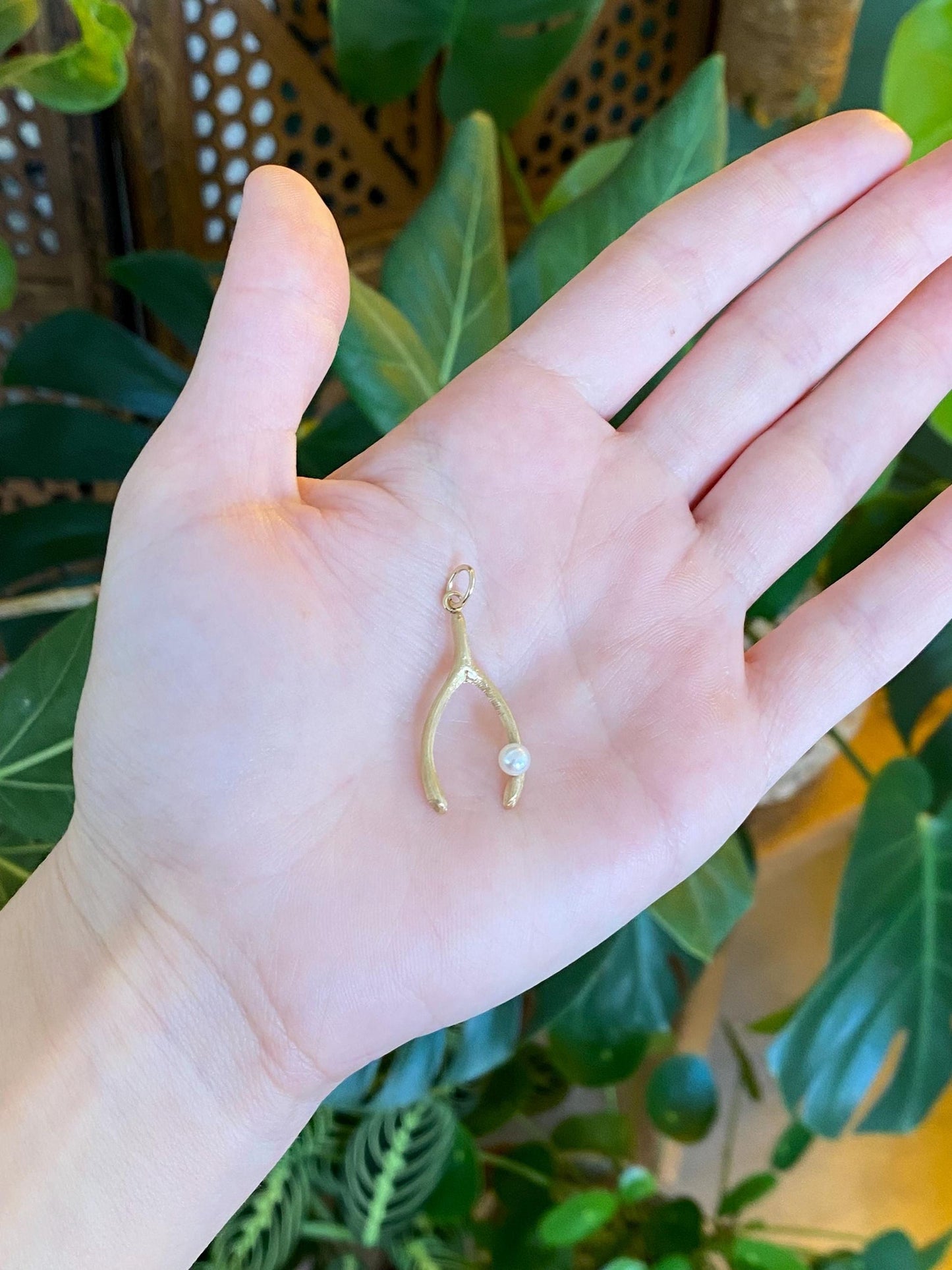 Vintage Solid 14k Yellow Gold Pearl Wishbone Charm