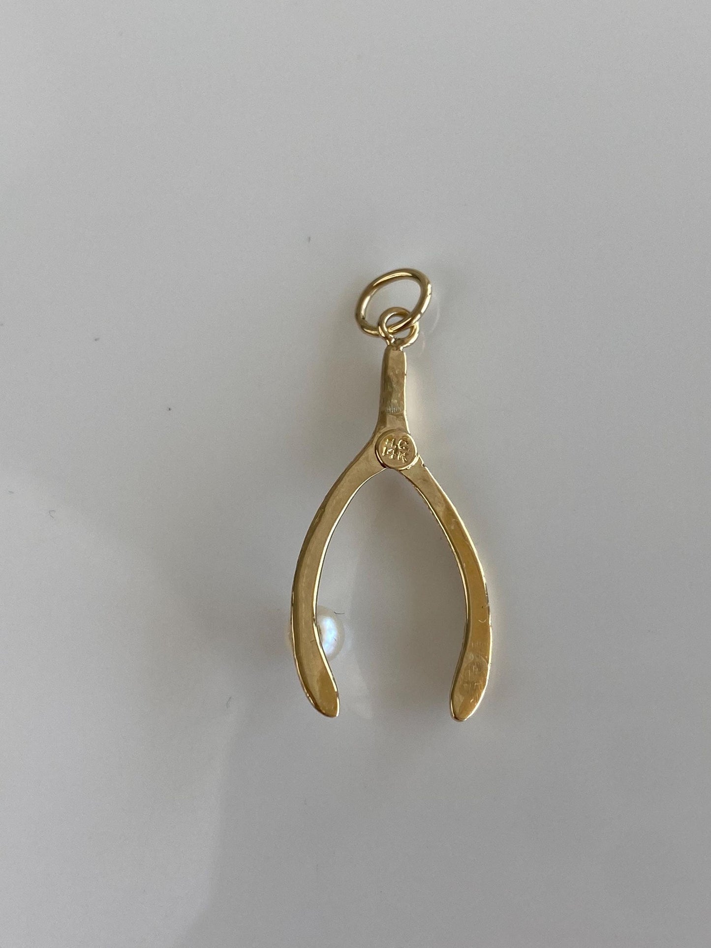 Vintage Solid 14k Yellow Gold Pearl Wishbone Charm