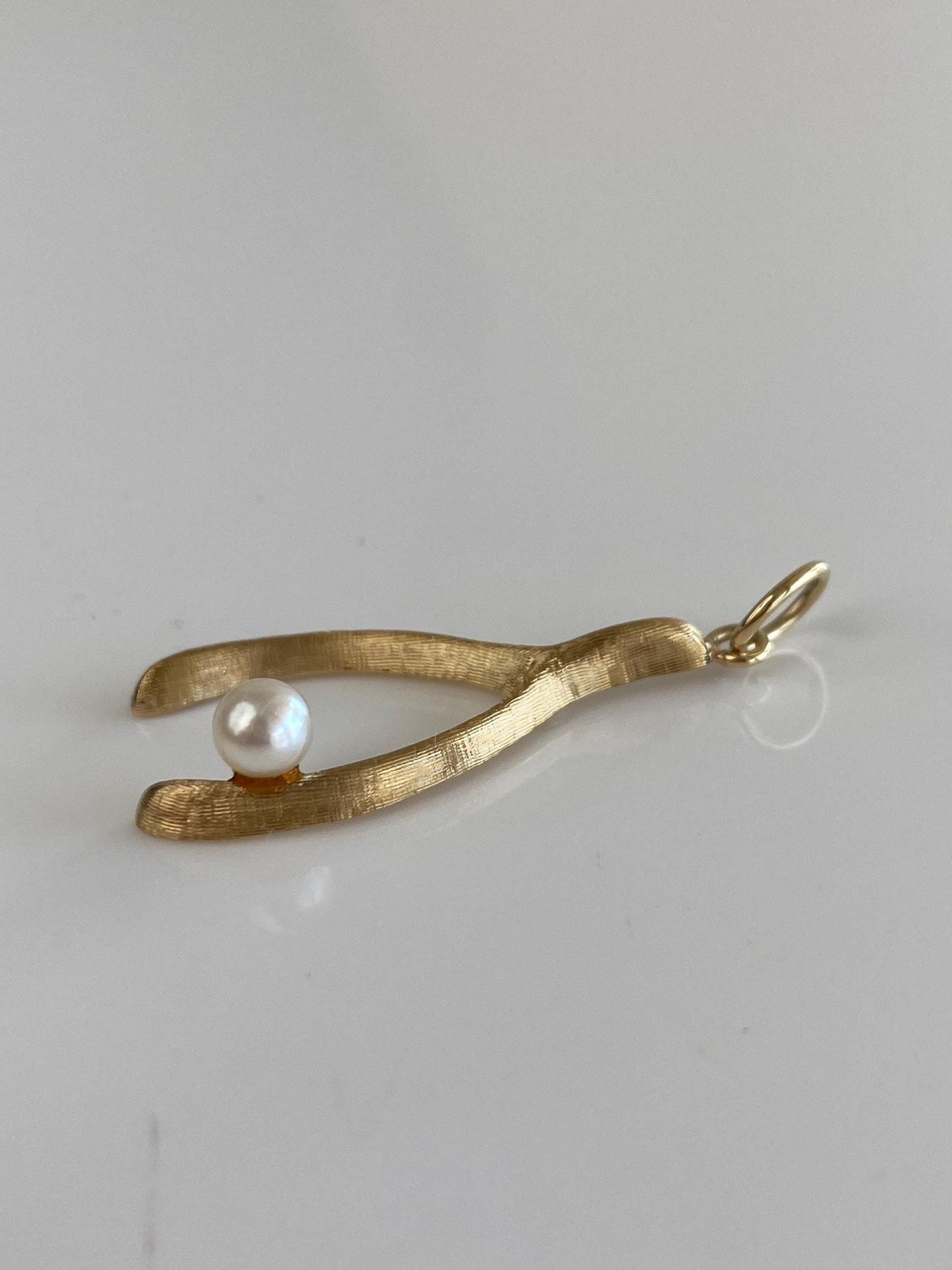 Vintage Solid 14k Yellow Gold Pearl Wishbone Charm