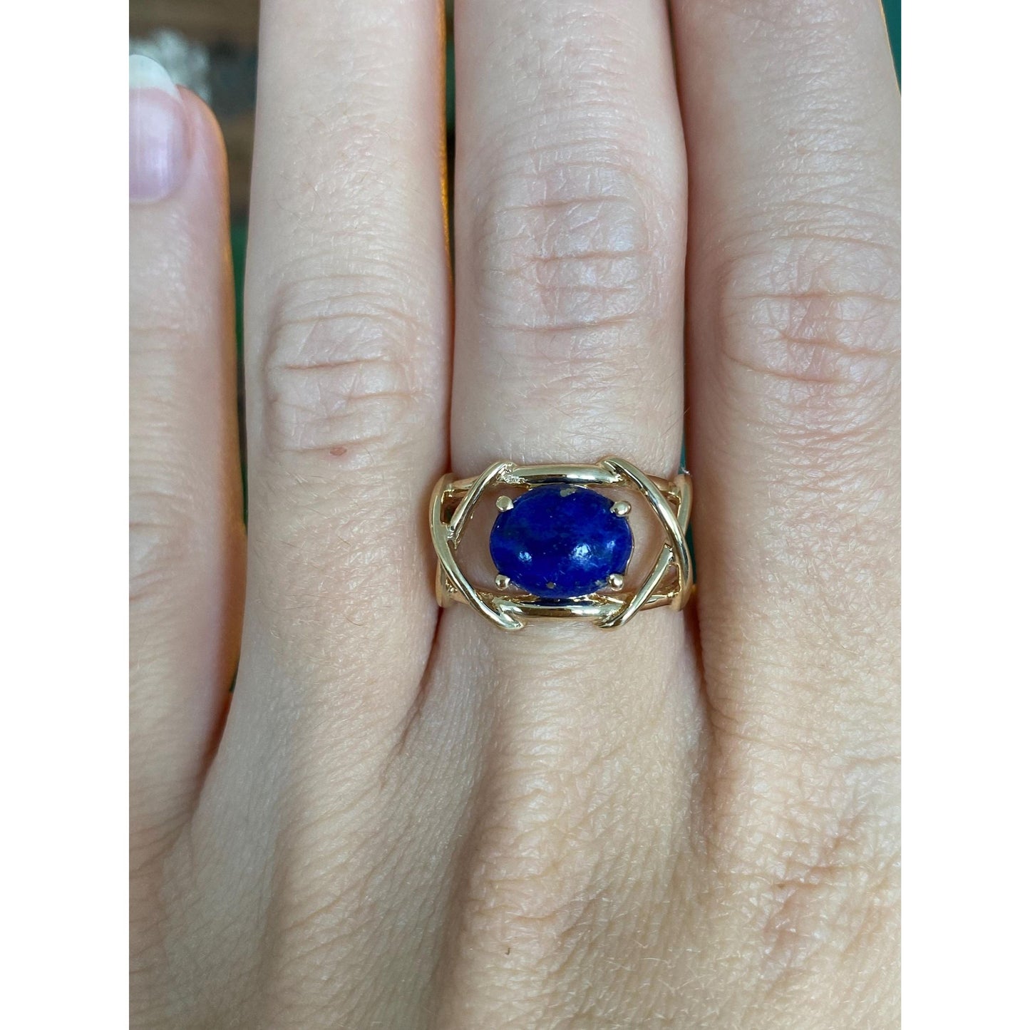 Solid 14k Blue Lapis Lazuli X Pattern Ring - Size 6.25