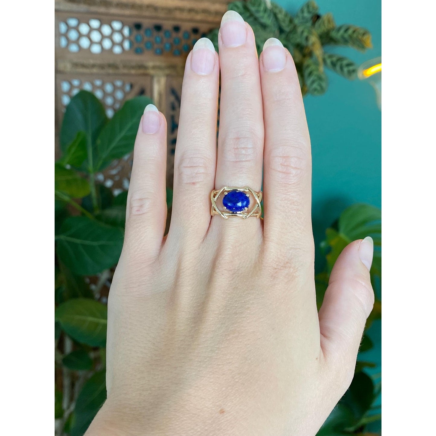 Solid 14k Blue Lapis Lazuli X Pattern Ring - Size 6.25