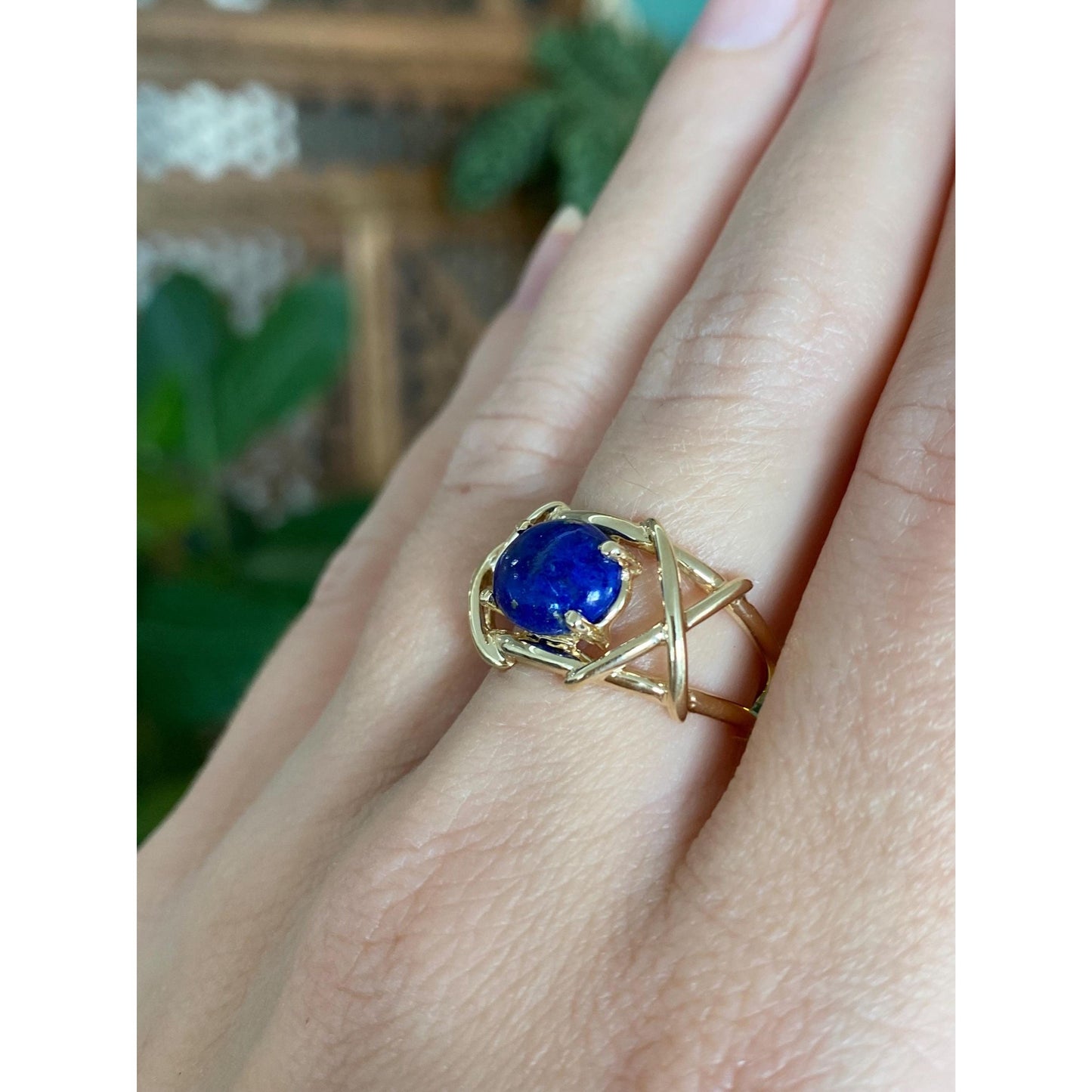 Solid 14k Blue Lapis Lazuli X Pattern Ring - Size 6.25