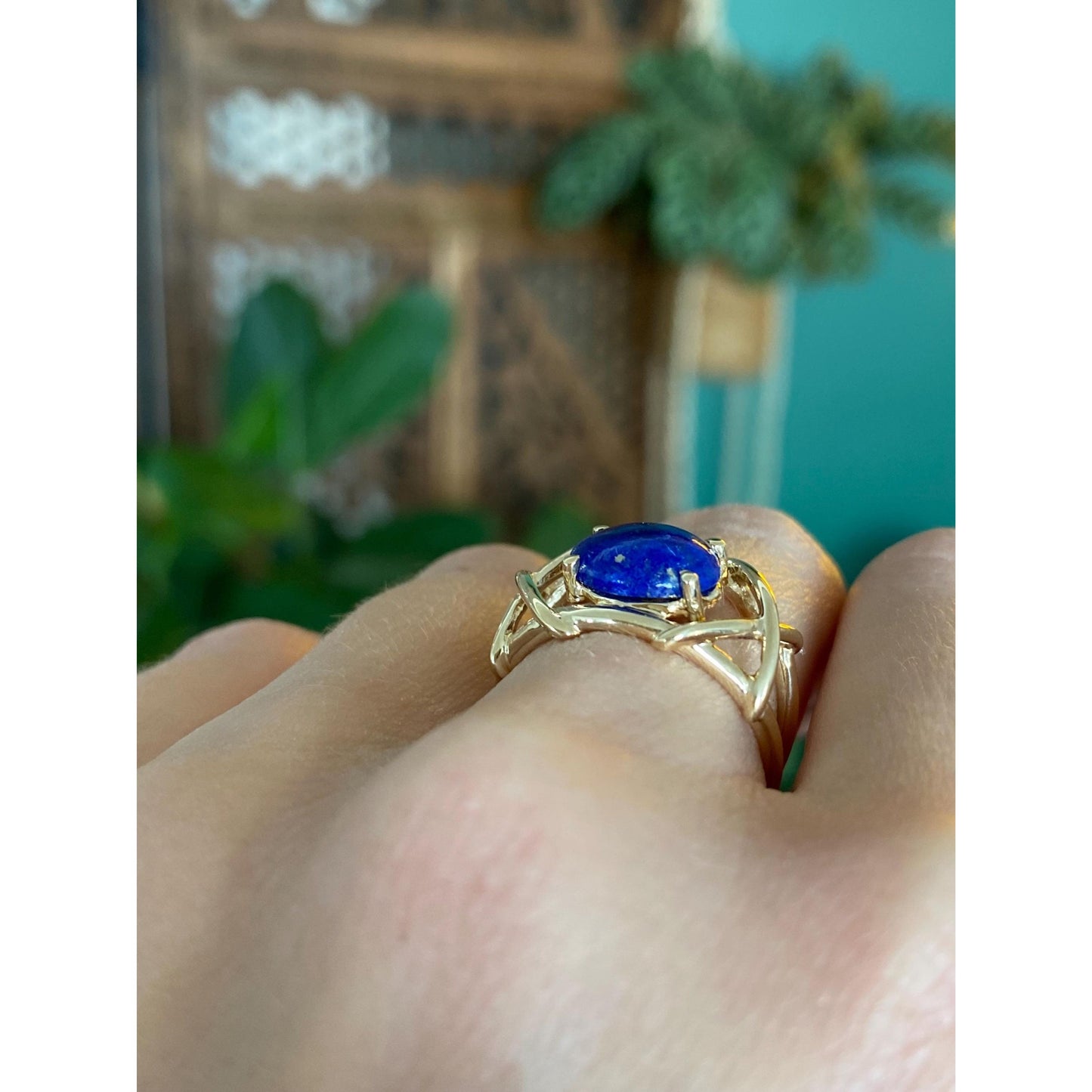 Solid 14k Blue Lapis Lazuli X Pattern Ring - Size 6.25