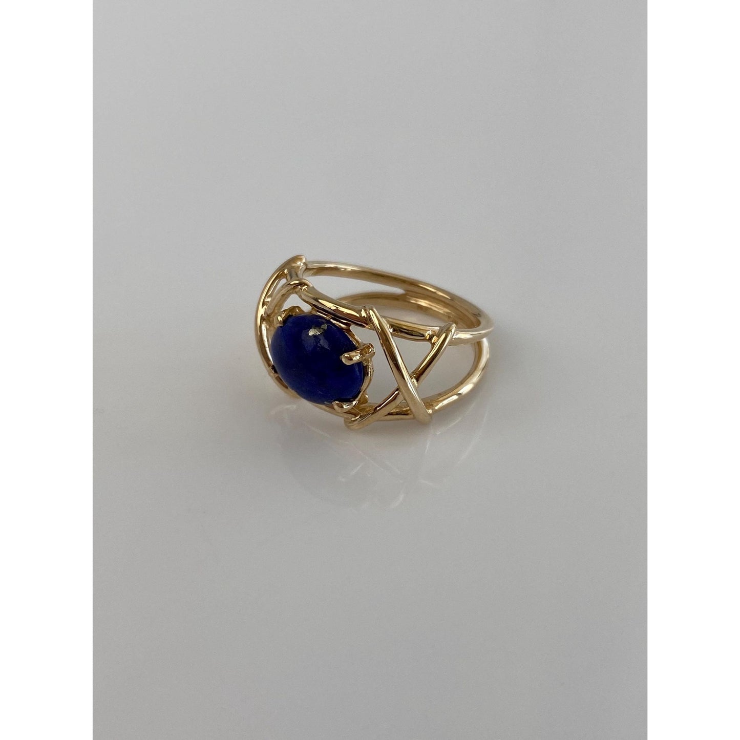 Solid 14k Blue Lapis Lazuli X Pattern Ring - Size 6.25