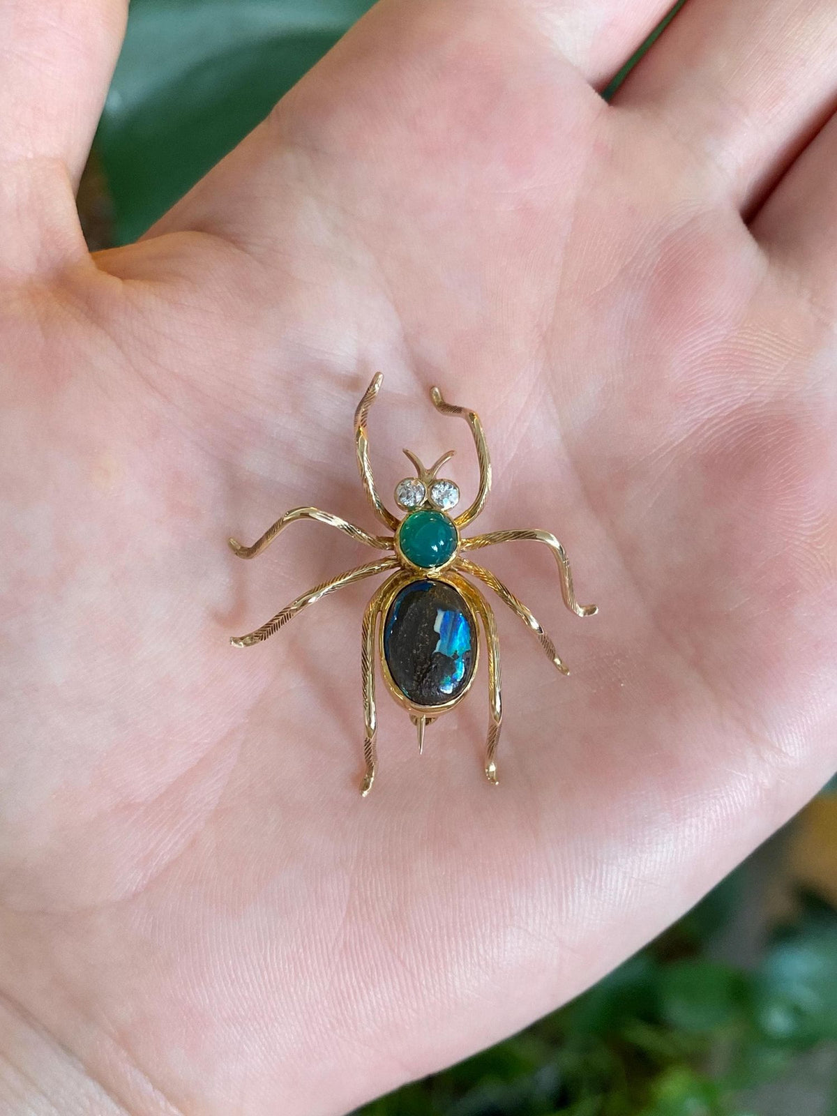 Vintage Solid 12k Yellow Gold Diamonds Green Chrysoprase Boulder Opal Spider Brooch Pin