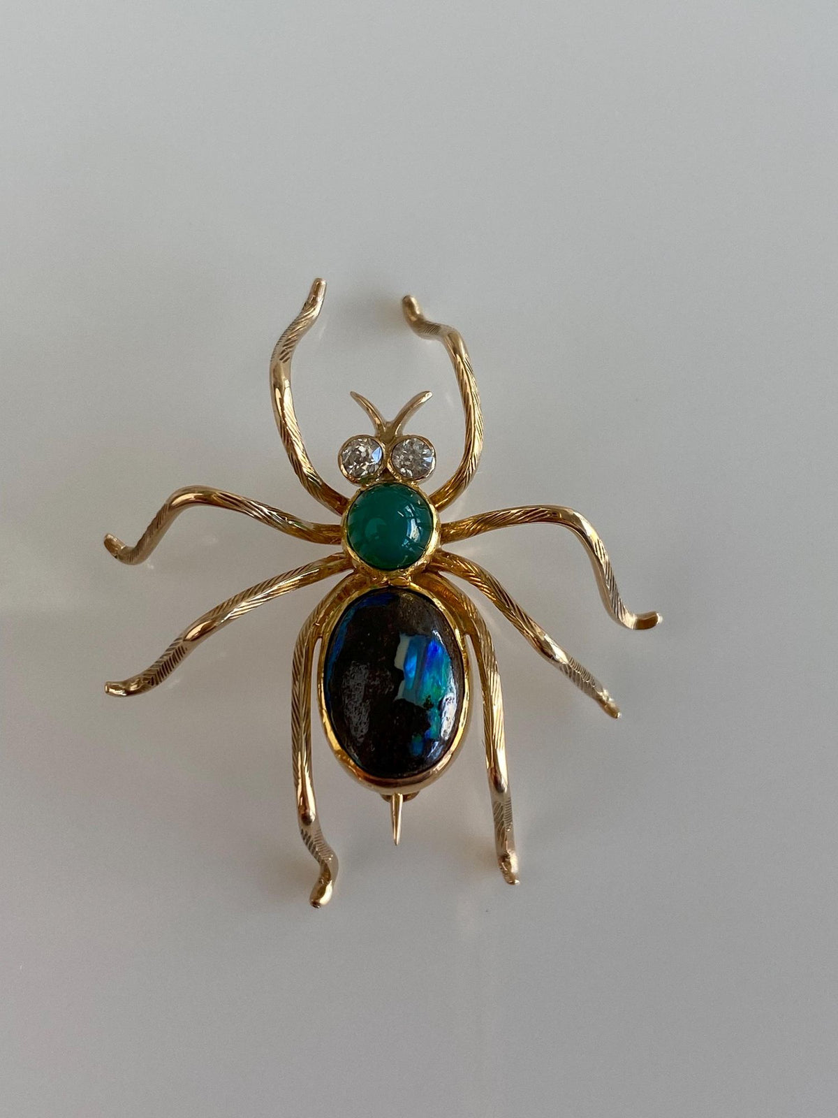 Vintage Solid 12k Yellow Gold Diamonds Green Chrysoprase Boulder Opal Spider Brooch Pin