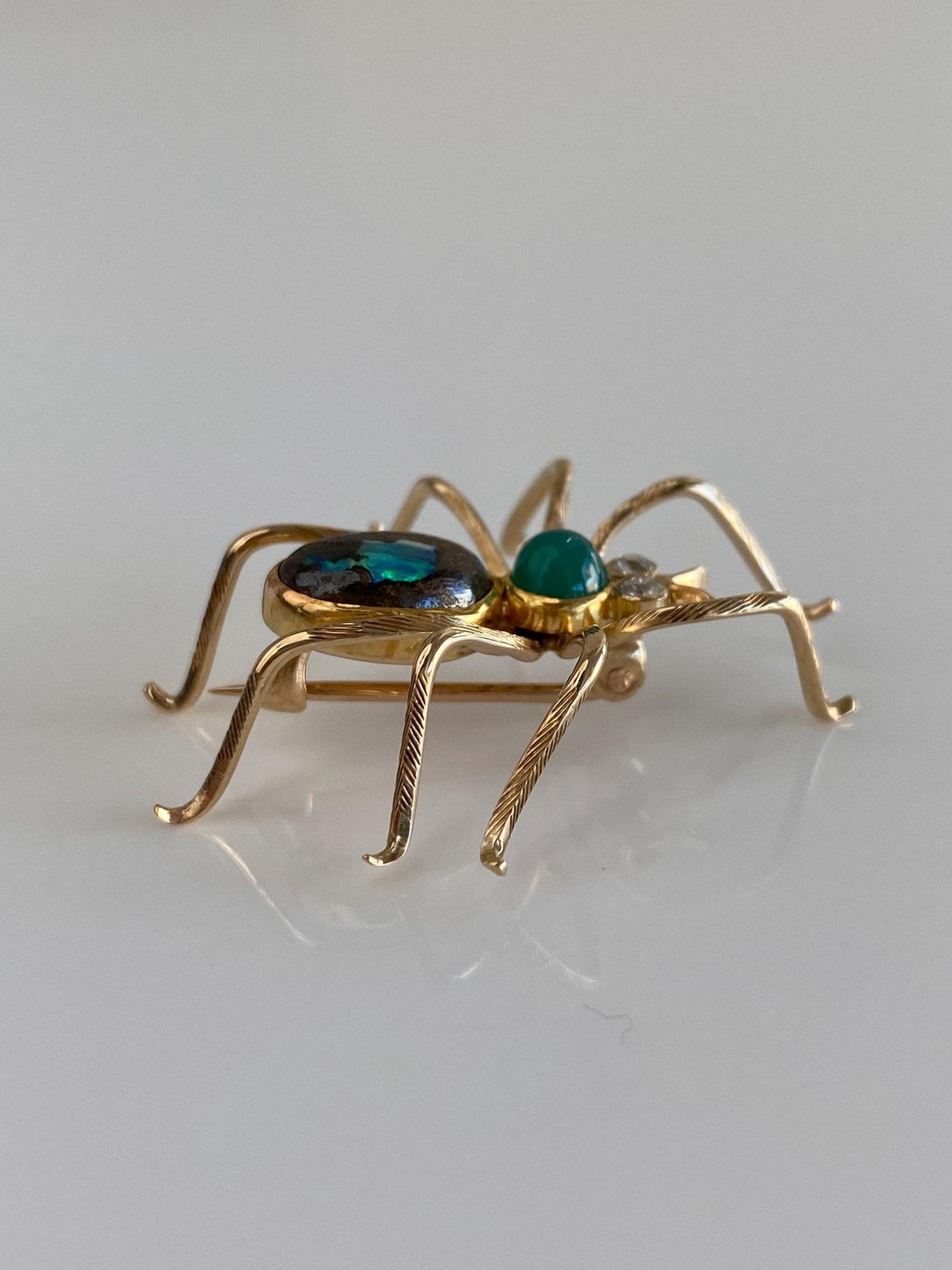 Vintage Solid 12k Yellow Gold Diamonds Green Chrysoprase Boulder Opal Spider Brooch Pin