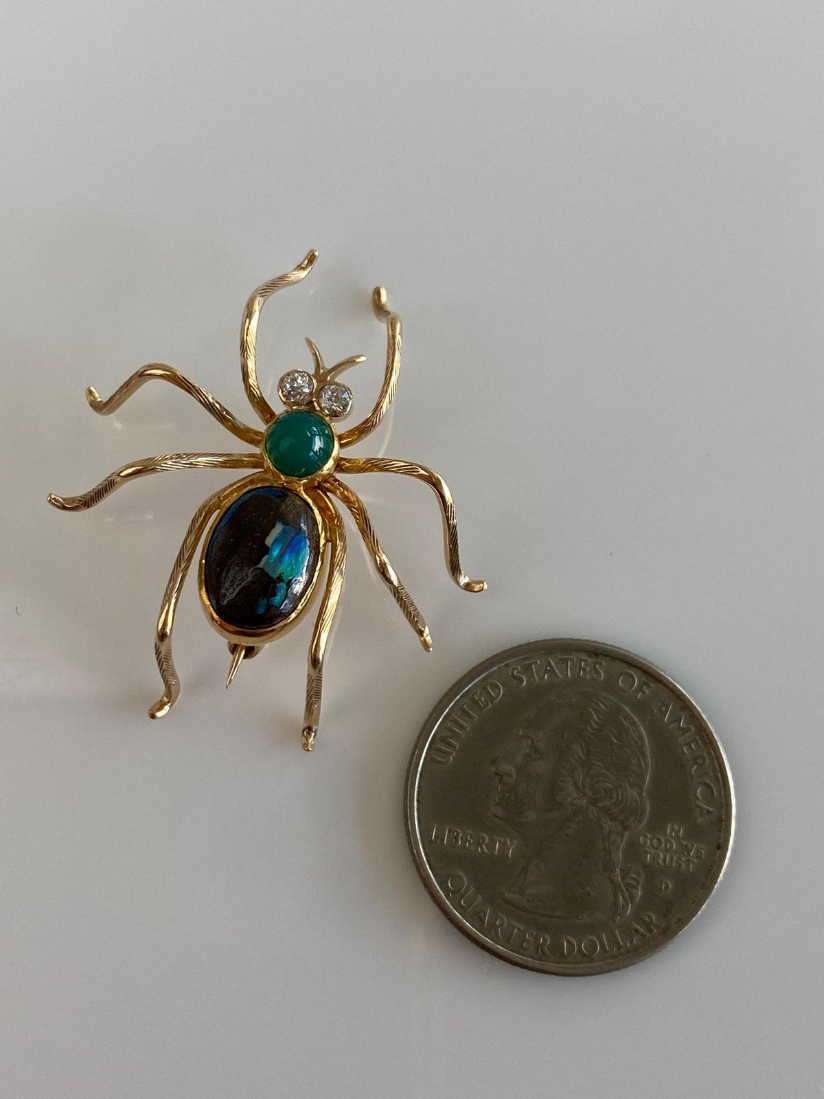 Vintage Solid 12k Yellow Gold Diamonds Green Chrysoprase Boulder Opal Spider Brooch Pin