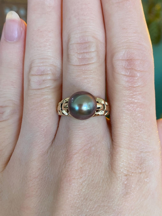 Vintage Solid 14k Yellow Gold Peacock Pearl Open Work Ring Band - Size 6.5