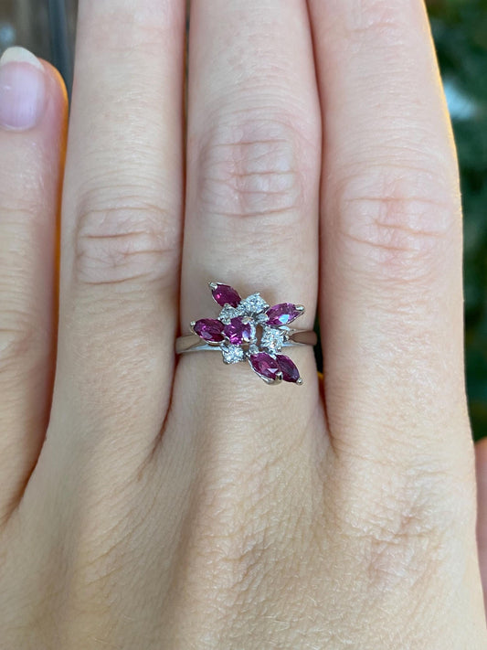 Vintage Solid 14k White Gold Diamond Ruby Cluster Ring - Size 6.75