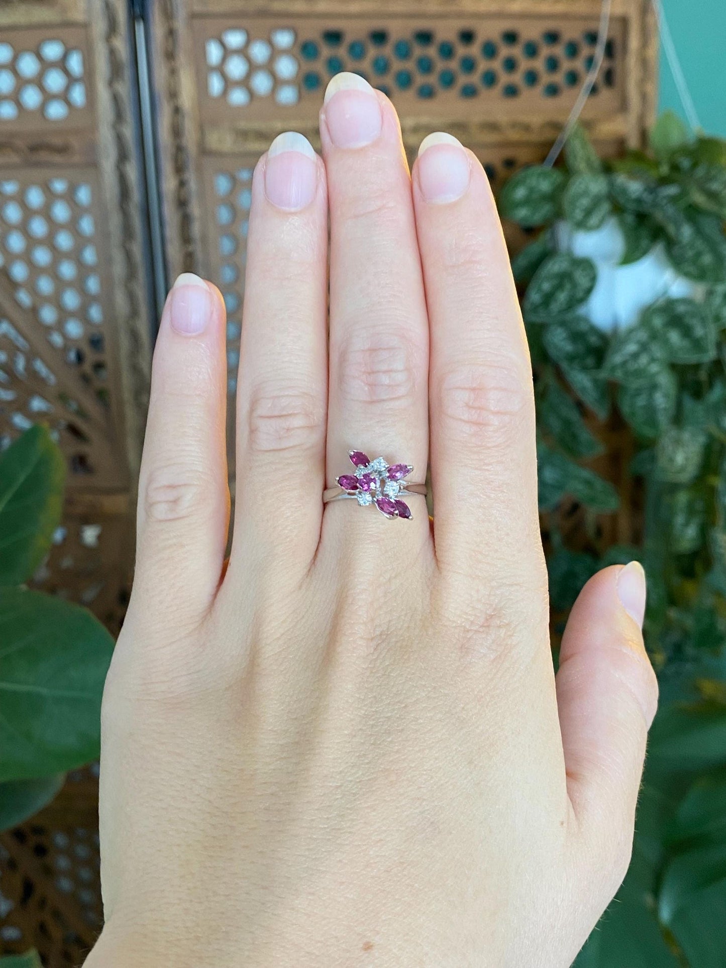 Vintage Solid 14k White Gold Diamond Ruby Cluster Ring - Size 6.75