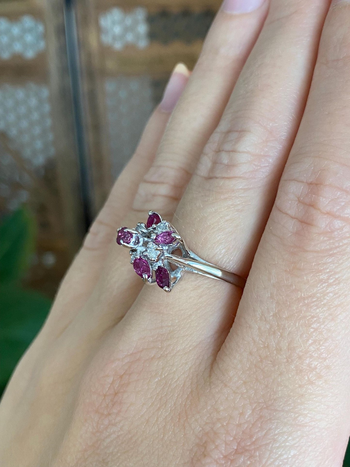 Vintage Solid 14k White Gold Diamond Ruby Cluster Ring - Size 6.75