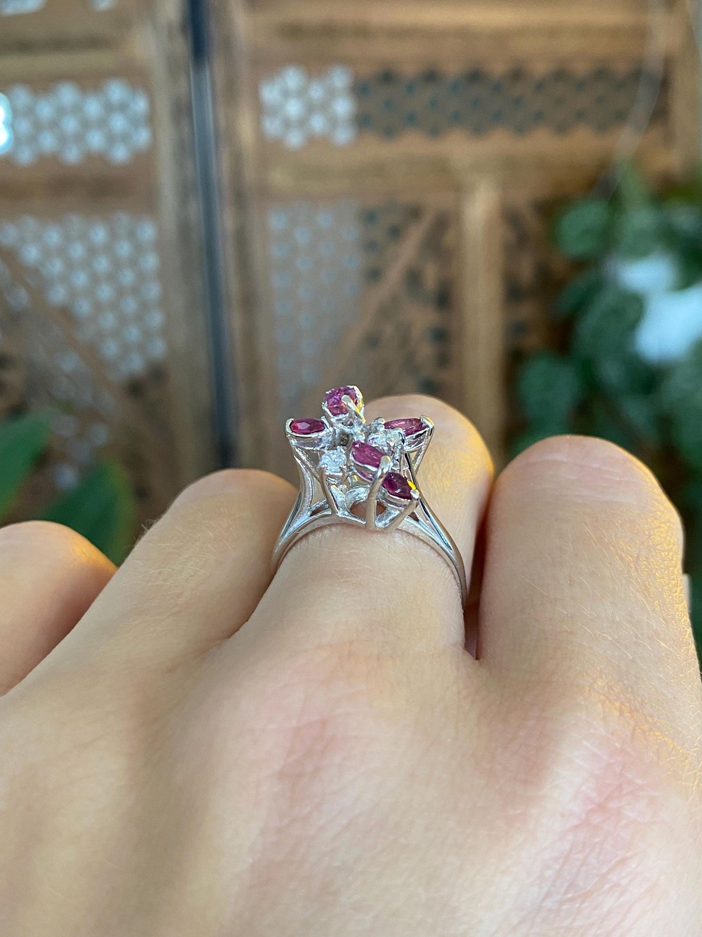 Vintage Solid 14k White Gold Diamond Ruby Cluster Ring - Size 6.75