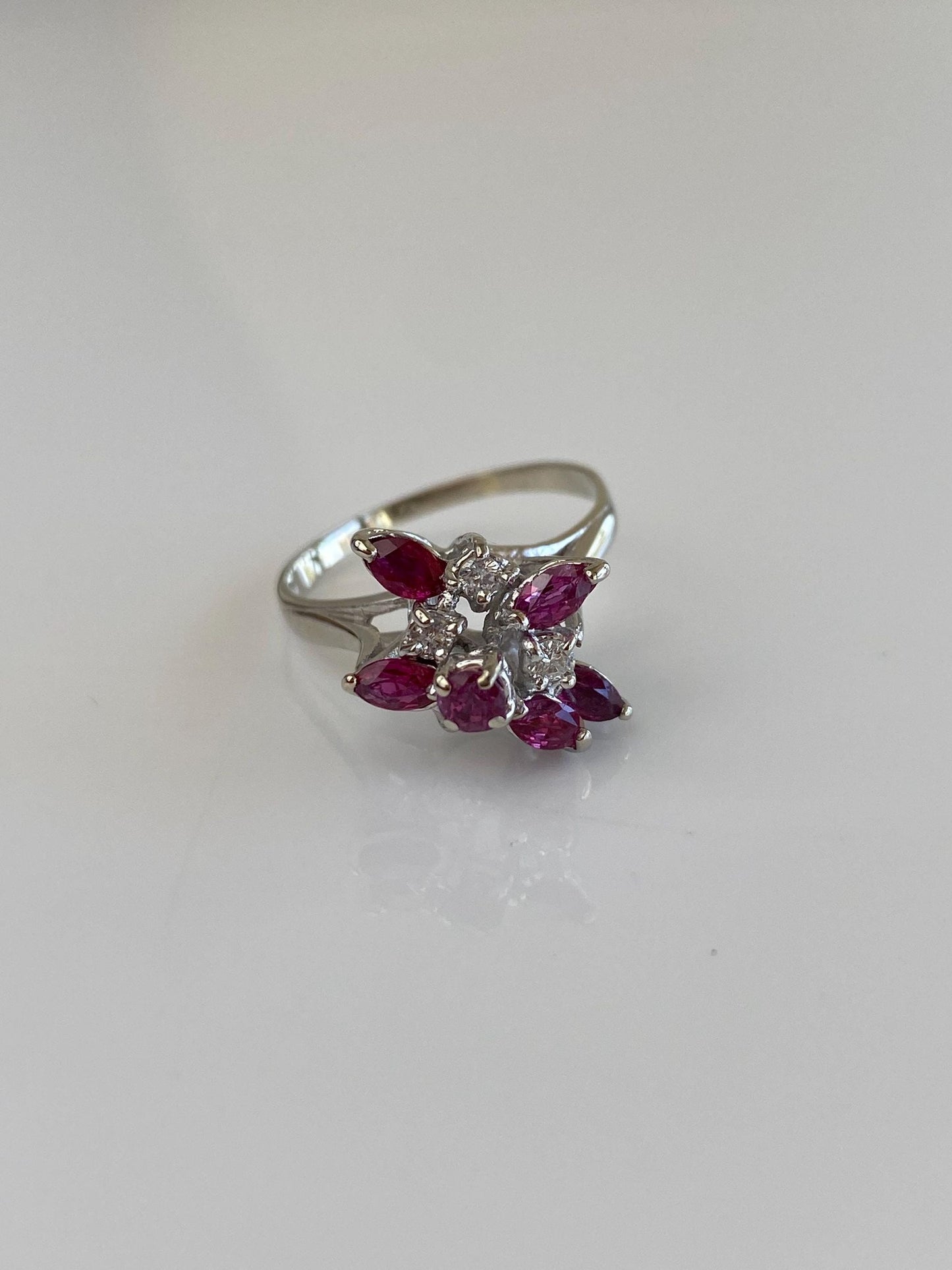 Vintage Solid 14k White Gold Diamond Ruby Cluster Ring - Size 6.75