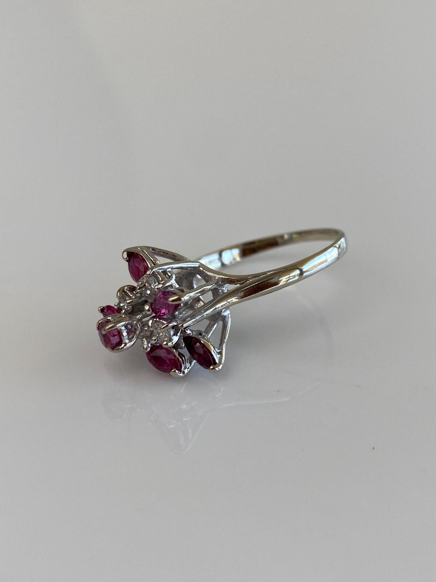 Vintage Solid 14k White Gold Diamond Ruby Cluster Ring - Size 6.75