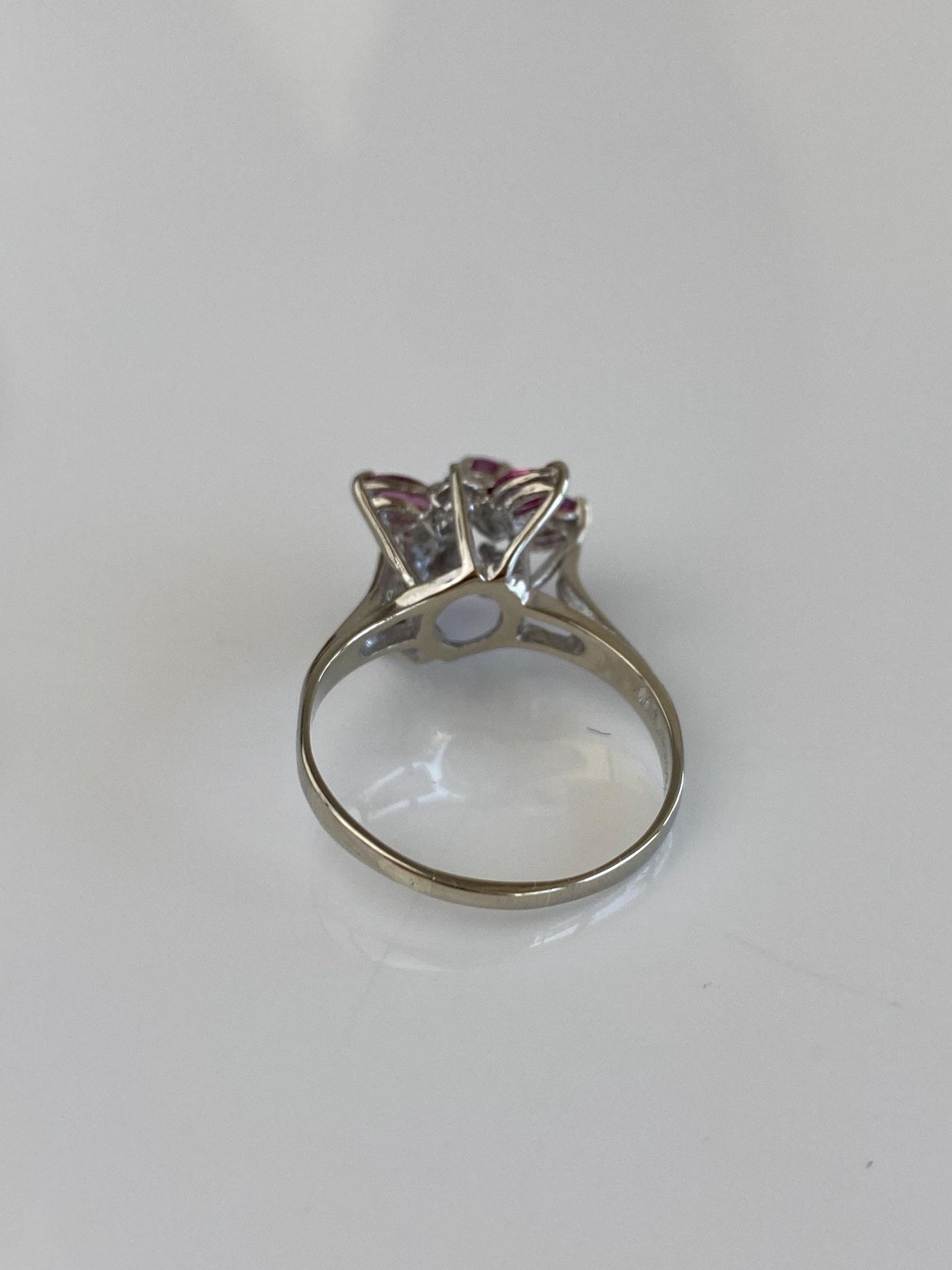 Vintage Solid 14k White Gold Diamond Ruby Cluster Ring - Size 6.75