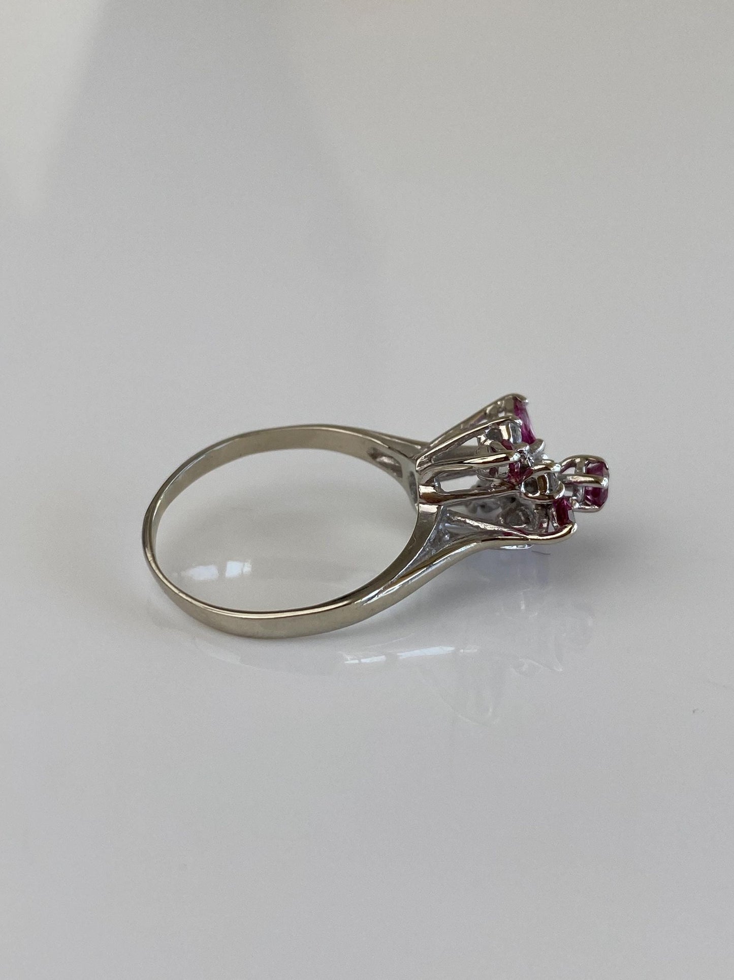 Vintage Solid 14k White Gold Diamond Ruby Cluster Ring - Size 6.75