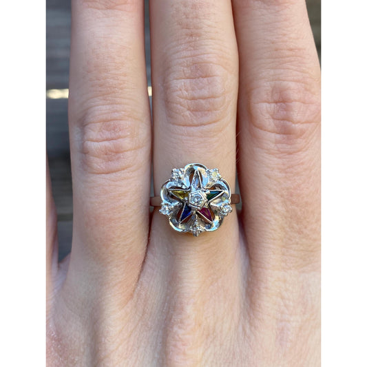 Vintage Solid 14k White Gold Diamond Colored Spinel Freemason Star Ring - Size 6.25