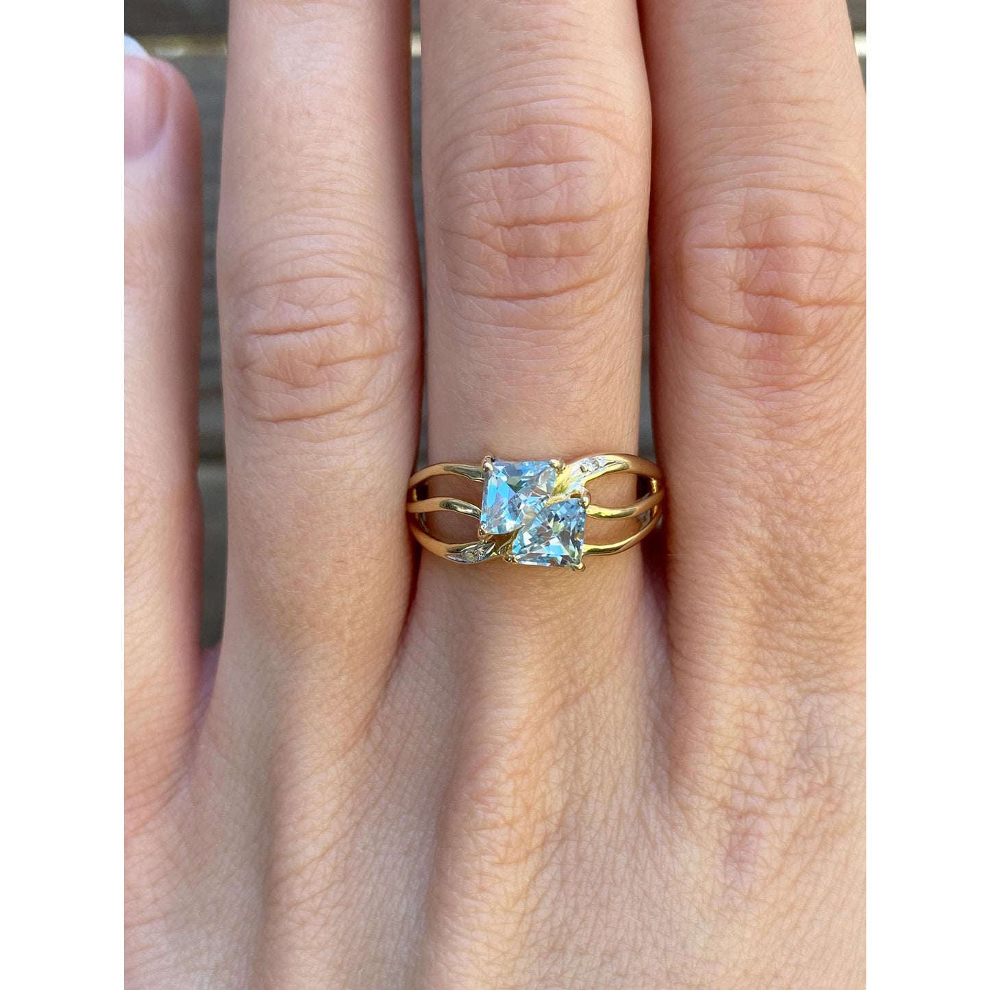 Vintage Solid 14k Yellow Gold Double Topaz Ring - Size 8