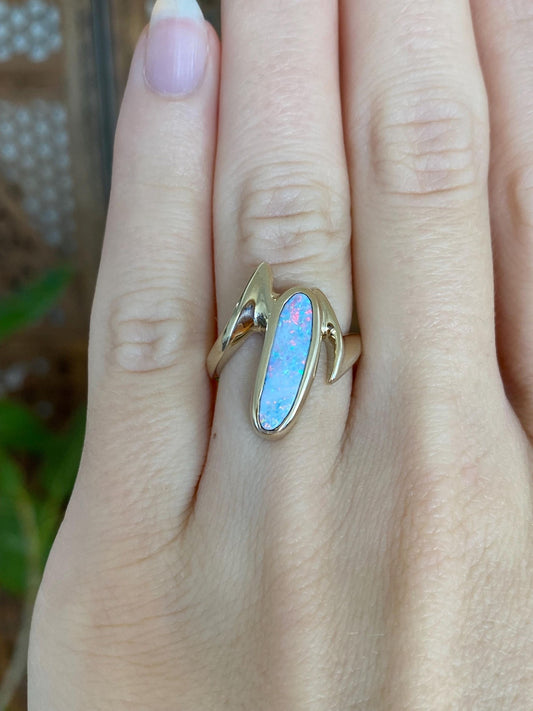 Vintage Solid 14k Yellow Gold Opal Doublet Ring - Size 5.75
