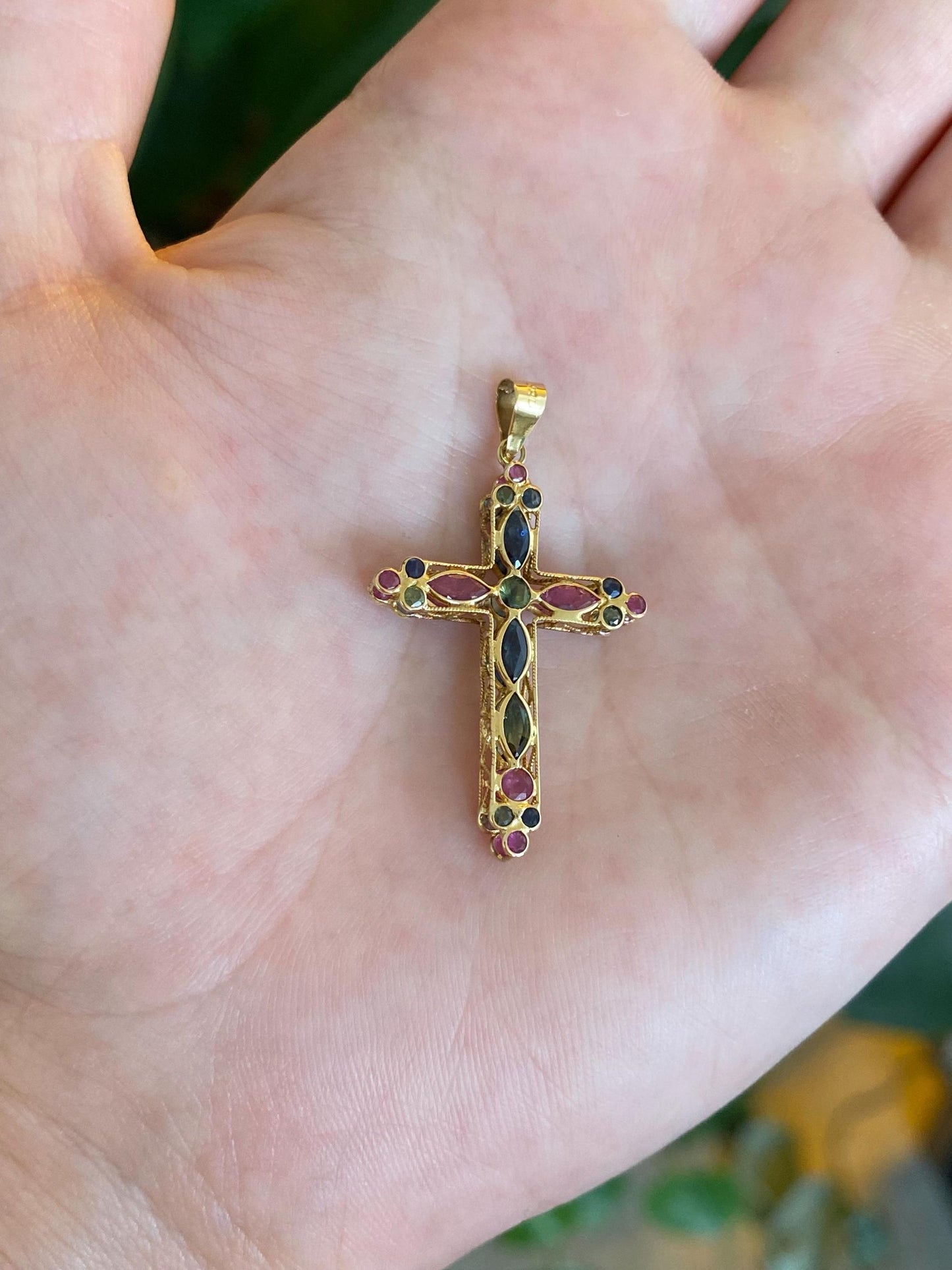 Vintage Solid 18k Yellow Gold Blue Sapphire Ruby Green Tourmaline Open Work Cross Charm