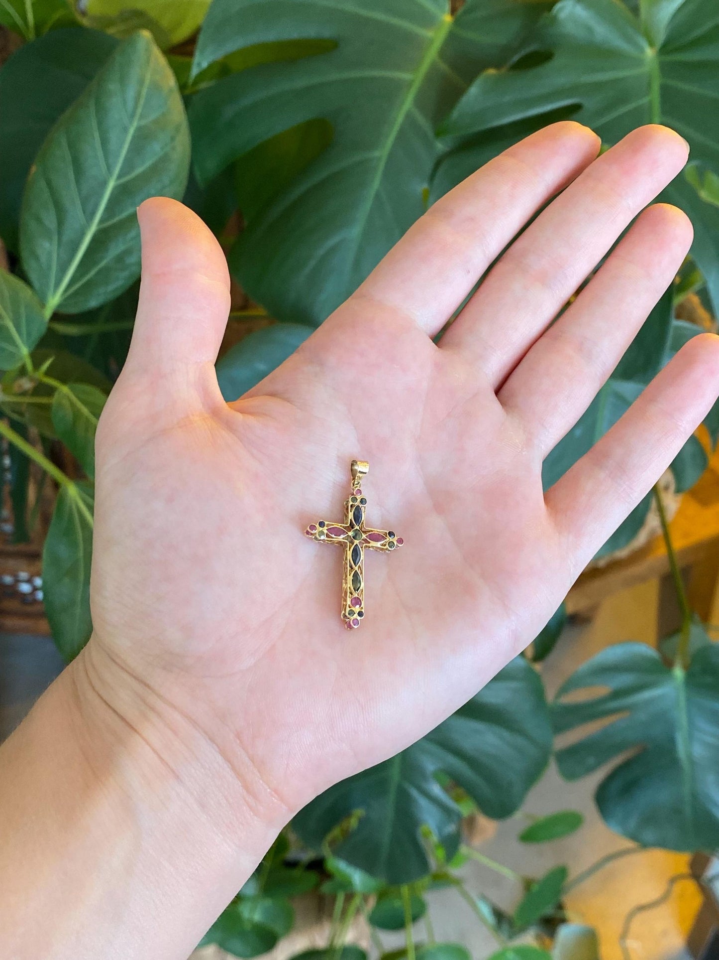 Vintage Solid 18k Yellow Gold Blue Sapphire Ruby Green Tourmaline Open Work Cross Charm