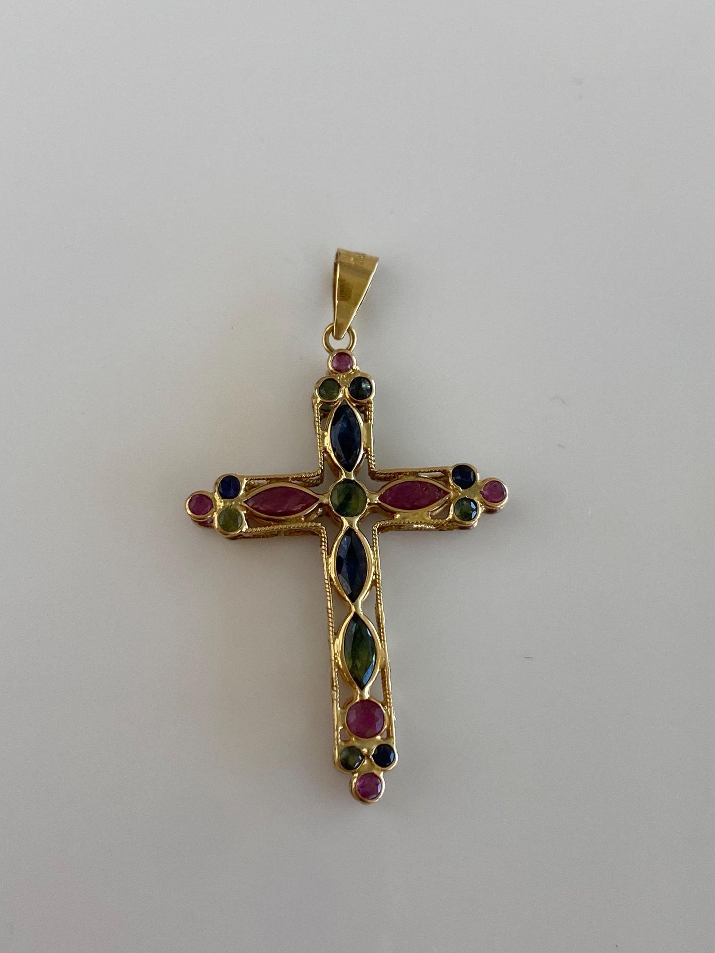 Vintage Solid 18k Yellow Gold Blue Sapphire Ruby Green Tourmaline Open Work Cross Charm