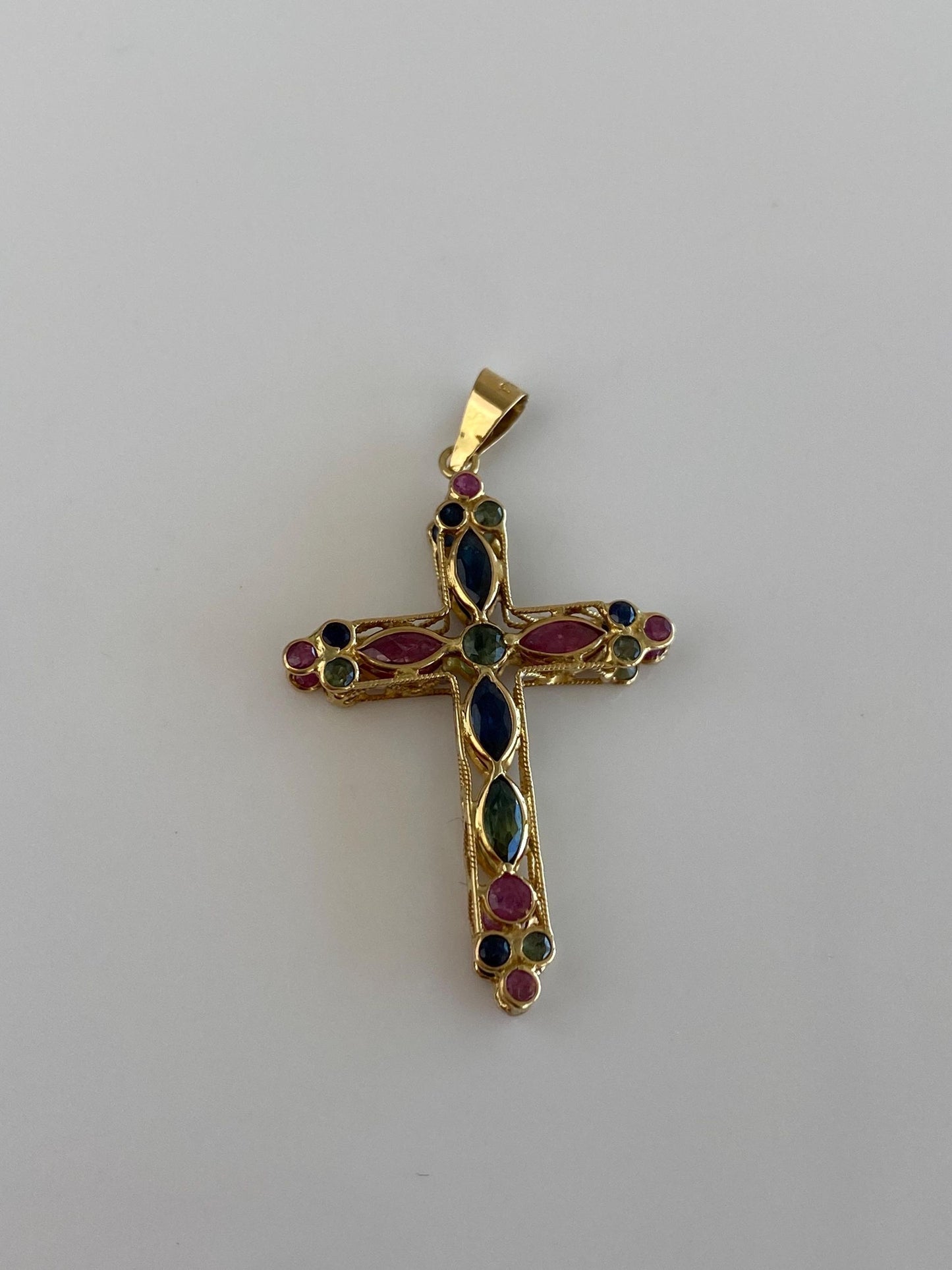 Vintage Solid 18k Yellow Gold Blue Sapphire Ruby Green Tourmaline Open Work Cross Charm