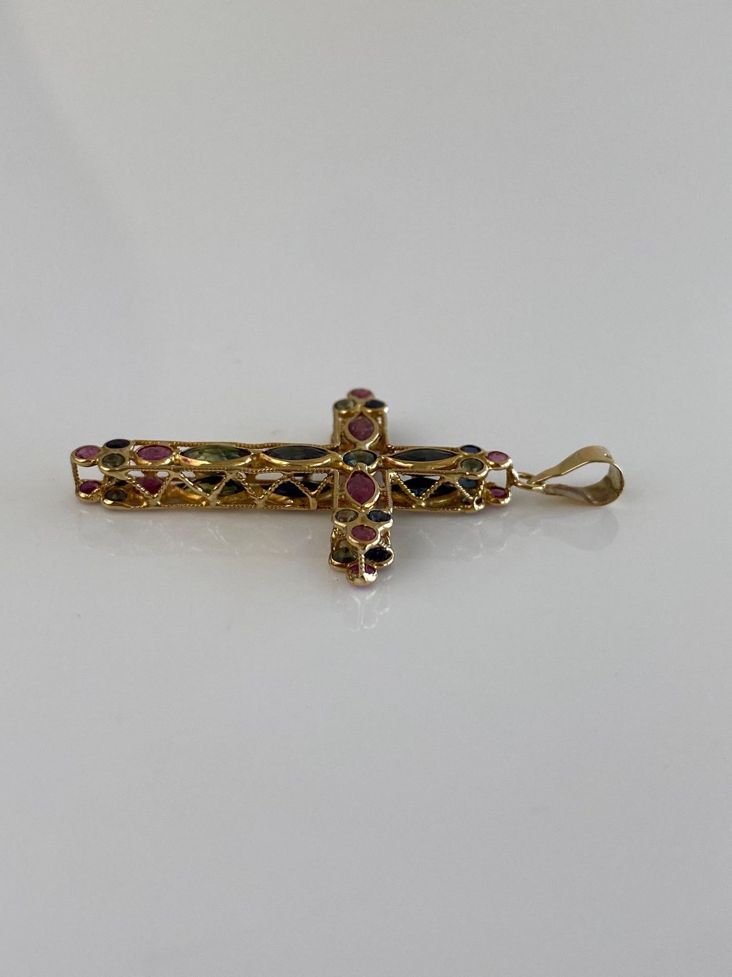 Vintage Solid 18k Yellow Gold Blue Sapphire Ruby Green Tourmaline Open Work Cross Charm