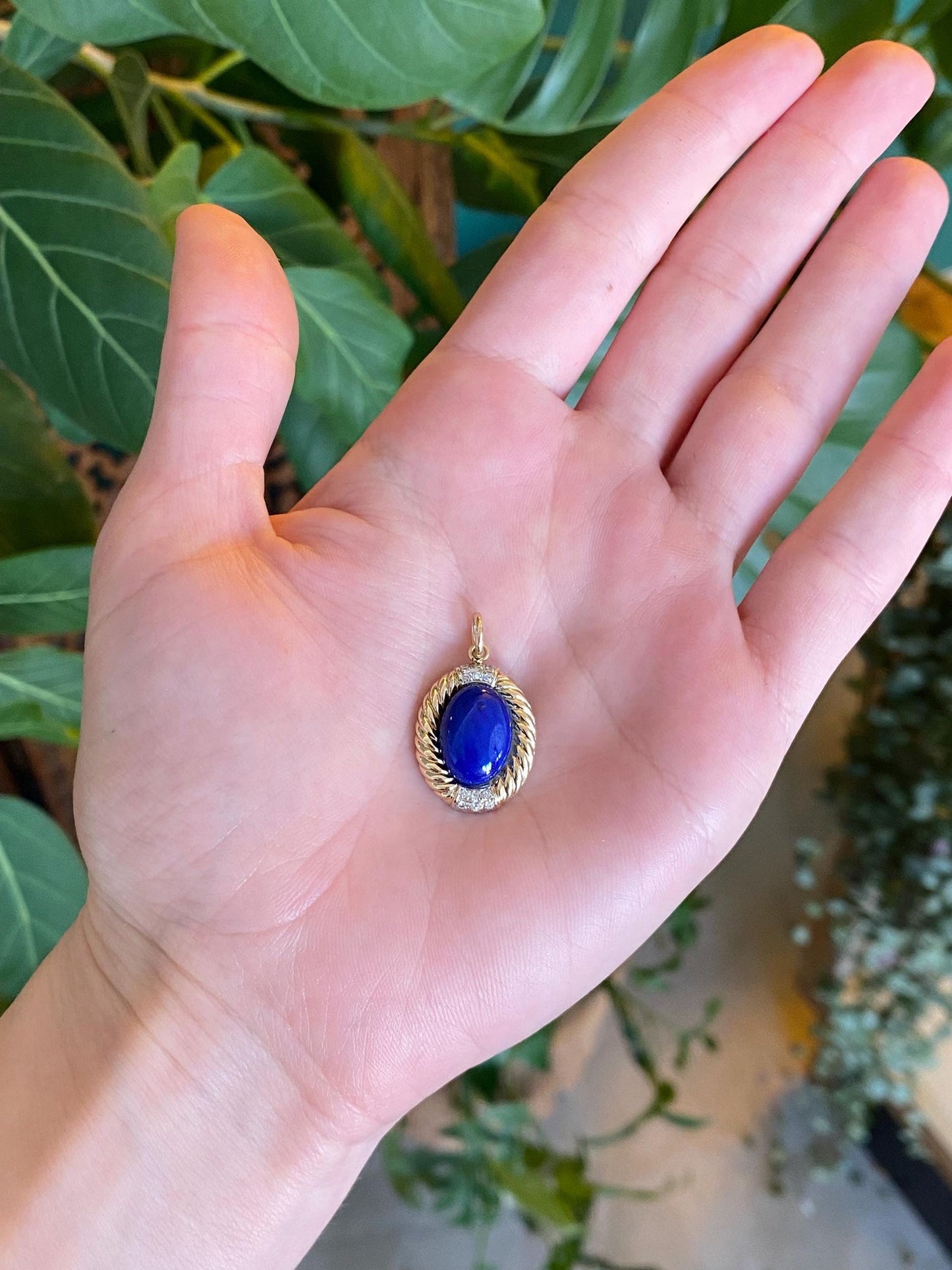 Vintage Solid 14k White & Yellow Gold Diamond Blue Lapis Lazuli Charm