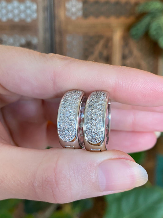 Vintage Solid 14k White Gold Diamond Open Work Hoop Earrings
