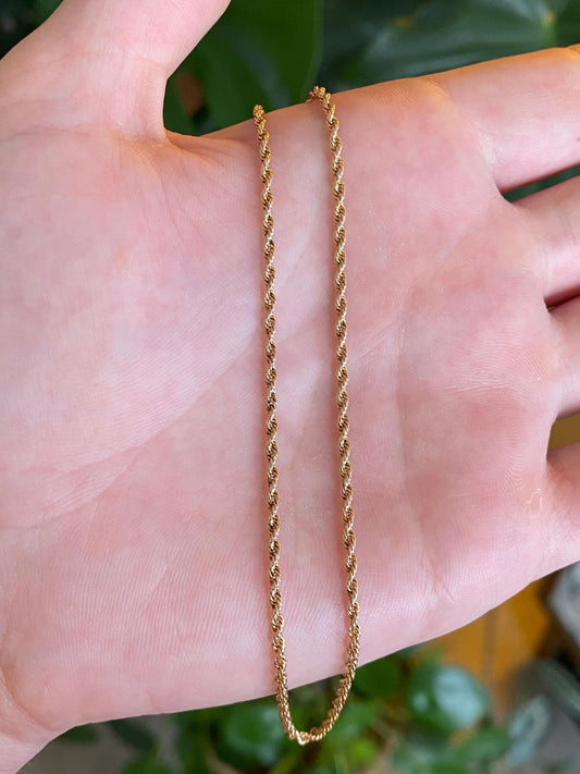 Vintage Solid 14k Yellow Gold Rope Chain Anklet - 10 inches